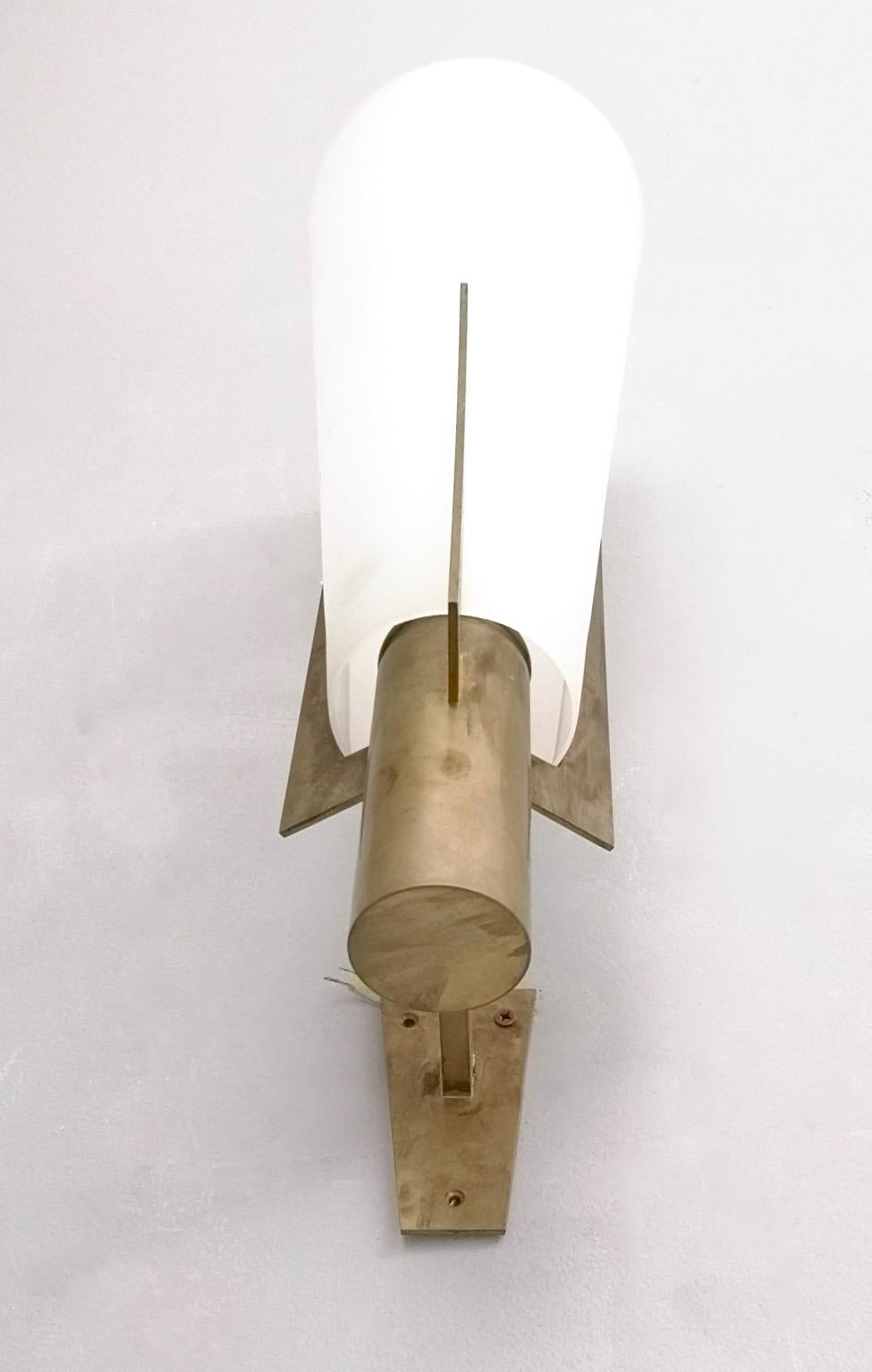 Italian Vintage Brass and Satin Glass Conical Wall Sconce by Stilnovo Model 2021, Italy