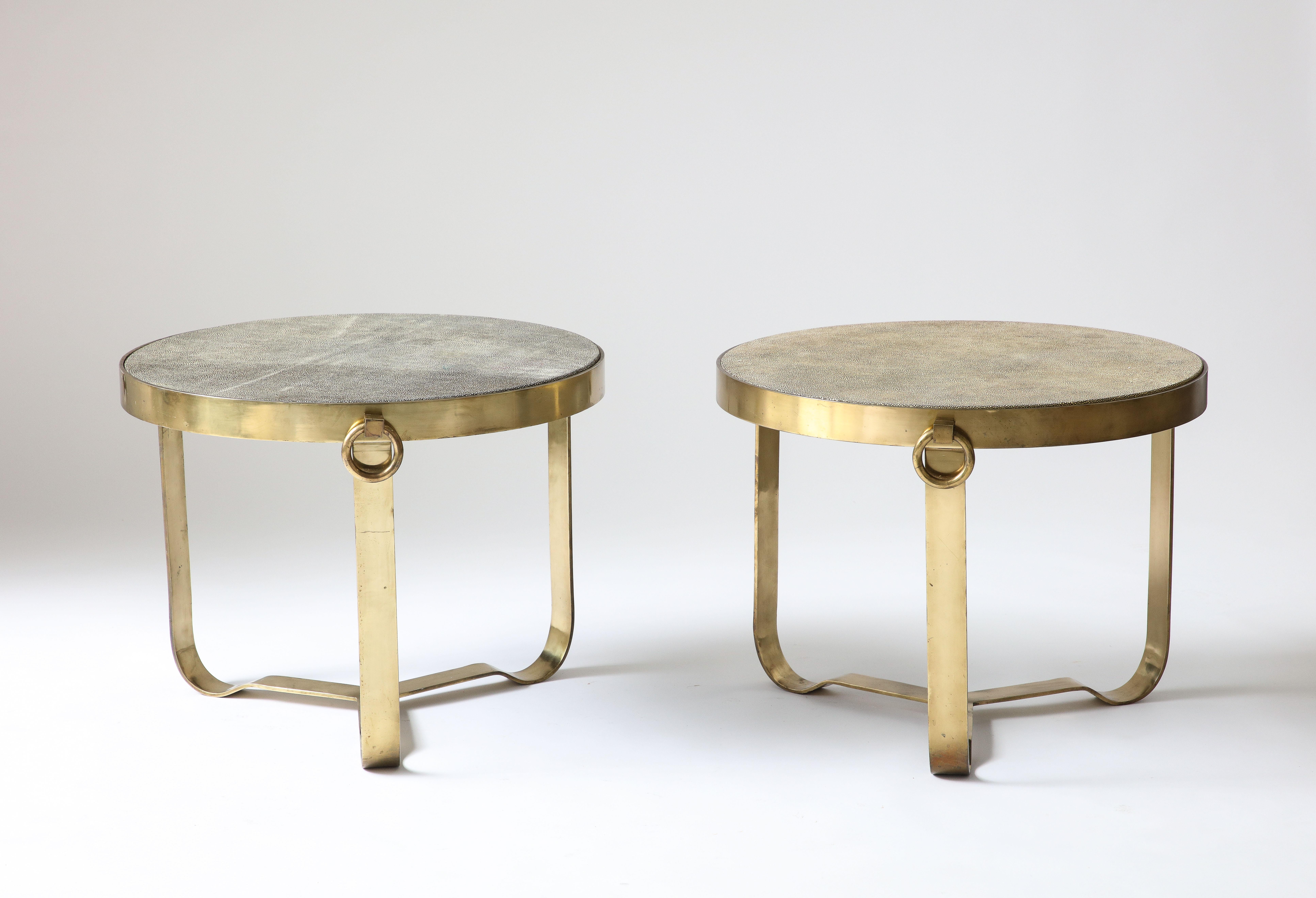 Two Available; priced individually.

Elegant, old-world side tables with beautiful green-blue shagreen on the tops.