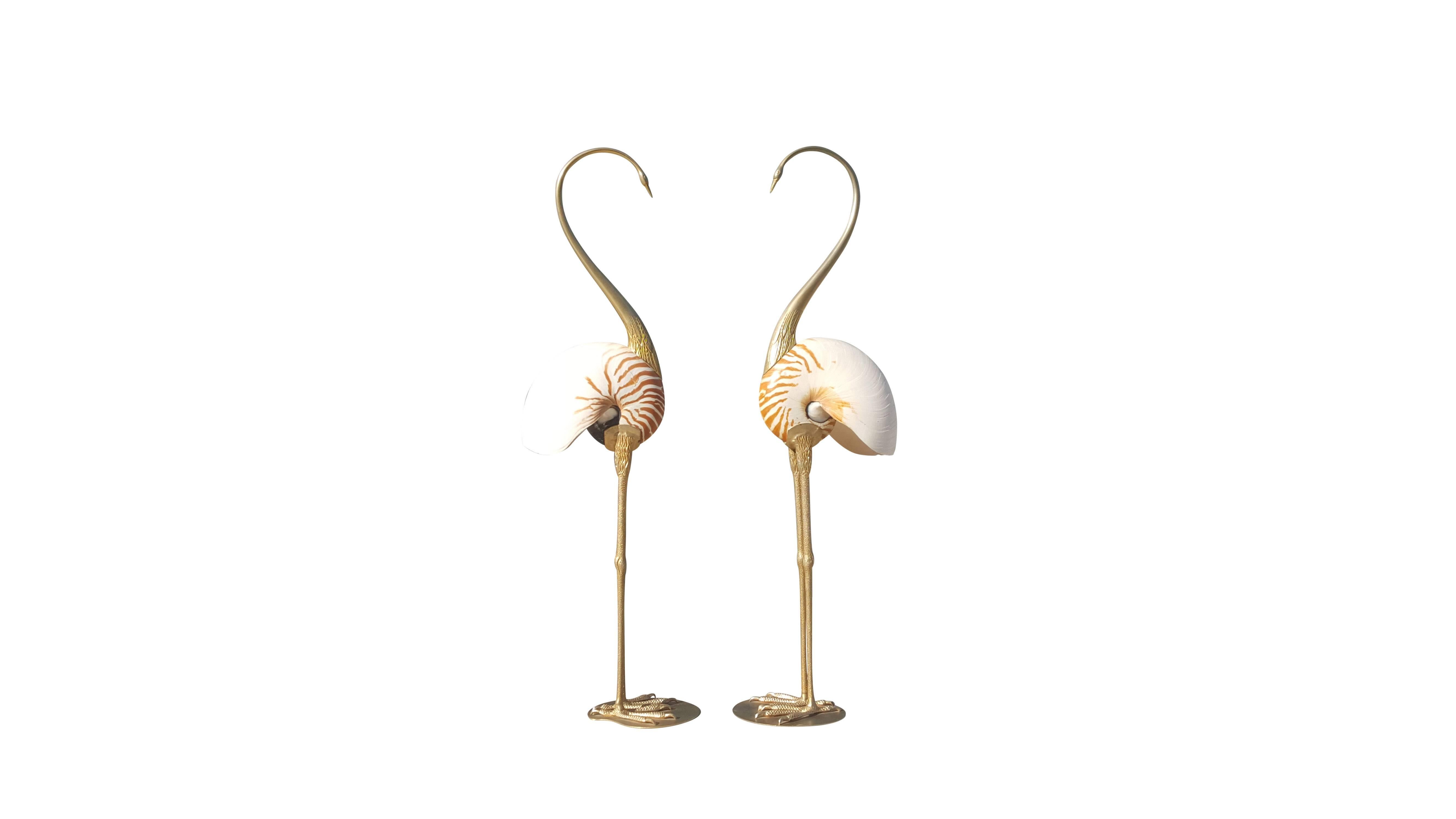 Beautiful pair of flamingos, storks made in the 1970s from Italy.
Nice pink, orange shell in the middle with brass legs and heads.