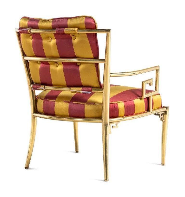 Set of four Brass and Silk Greek Key Armchairs by Mastercraft.  The chairs have silk upholstery.