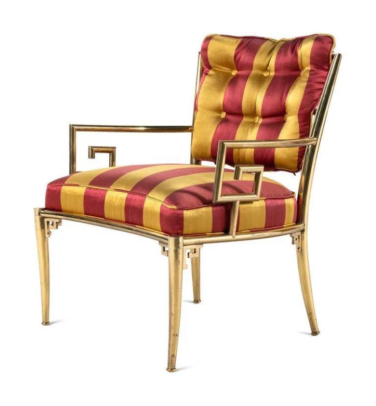 Mid-Century Modern Brass and Silk Greek Key Armchairs by Mastercraft Set of Four For Sale