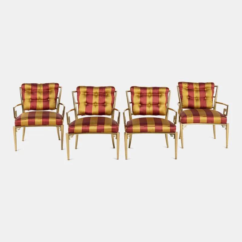 Brass and Silk Greek Key Armchairs by Mastercraft Set of Four In Good Condition For Sale In New York, NY