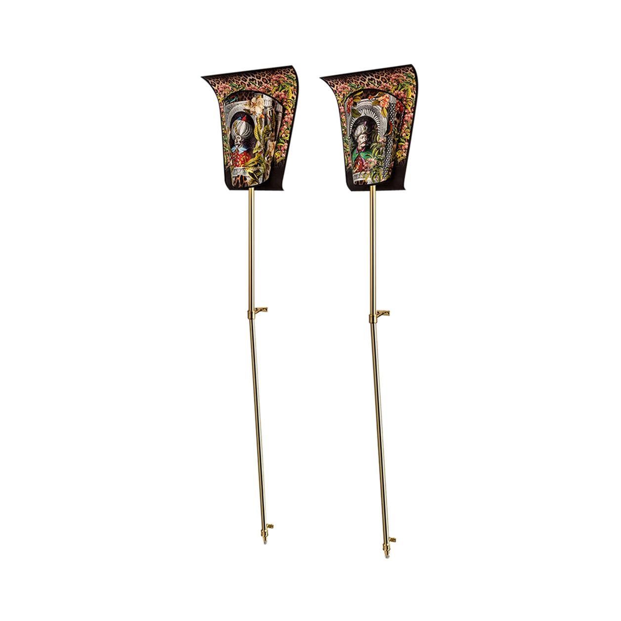 Brass and Silk Ottoman Torciera Lamps Set of 2 For Sale