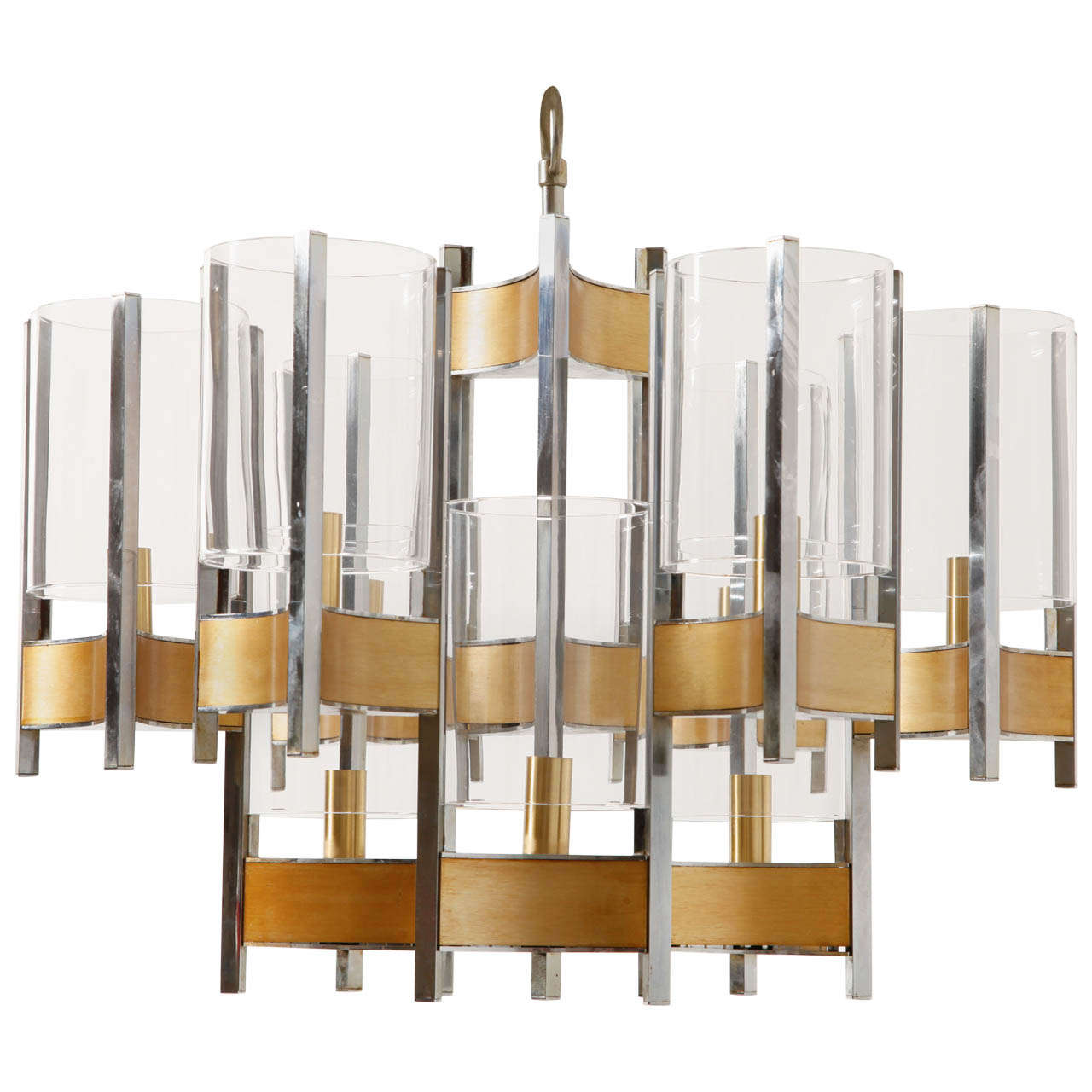 Two tired silver with brushed brass insets and nine light clear glass cylinder shades designed by Gaetano Sciolari, 1970s in Italy. Original piece and beautiful quality. Signed Sciolari.
It can be used with regular E14 candle light bulbs.