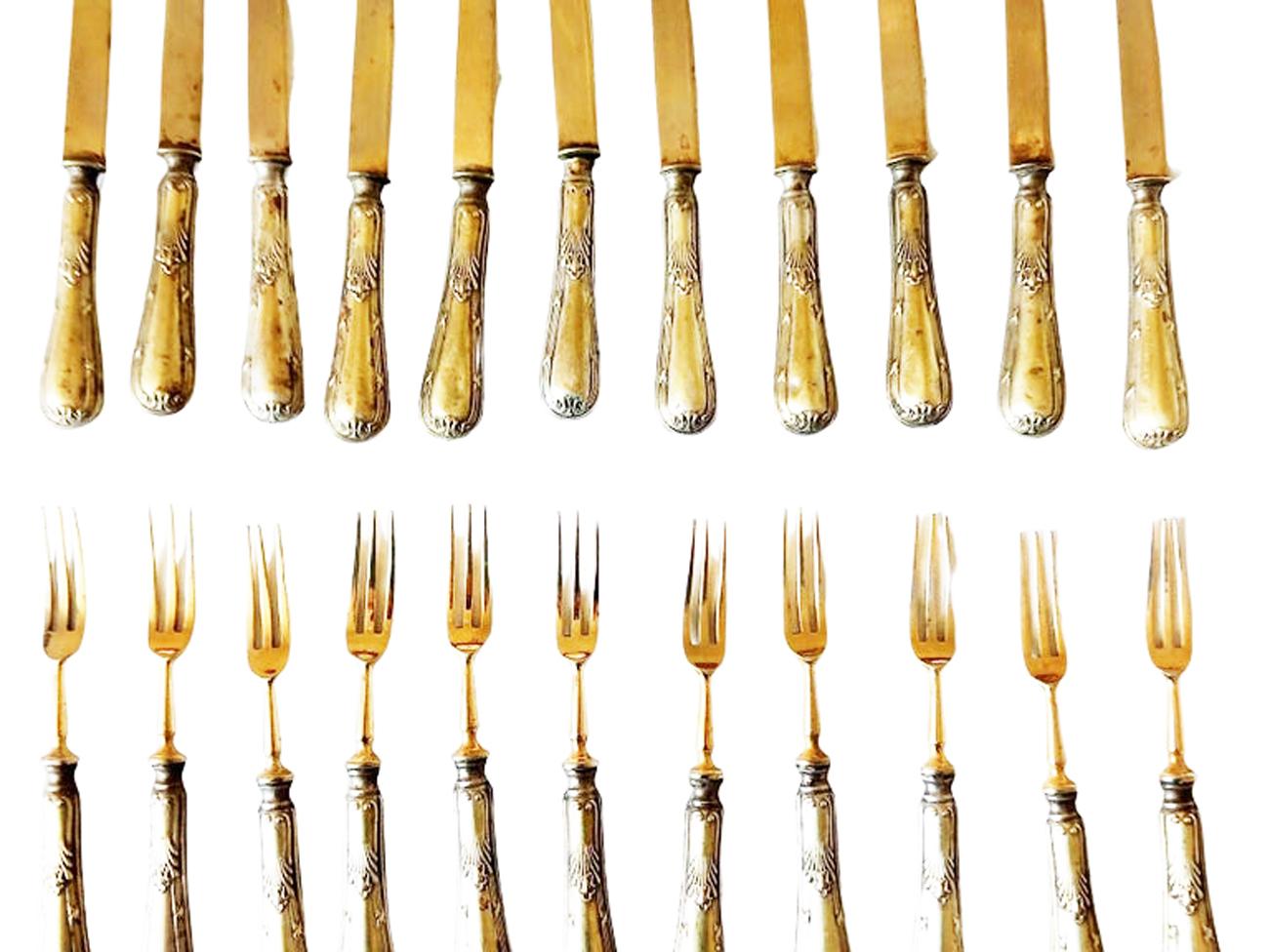 English Brass Silver Dessert Serving Pieces, Forks Dessert Knives Early 20th Art Deco For Sale