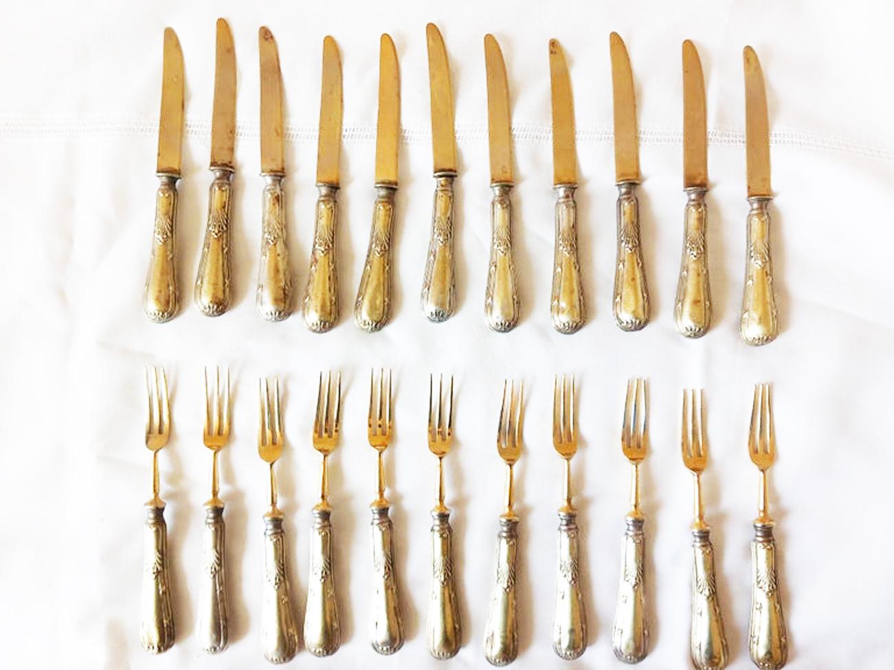 Brass Silver Dessert Serving Pieces, Forks Dessert Knives Early 20th Art Deco For Sale 5