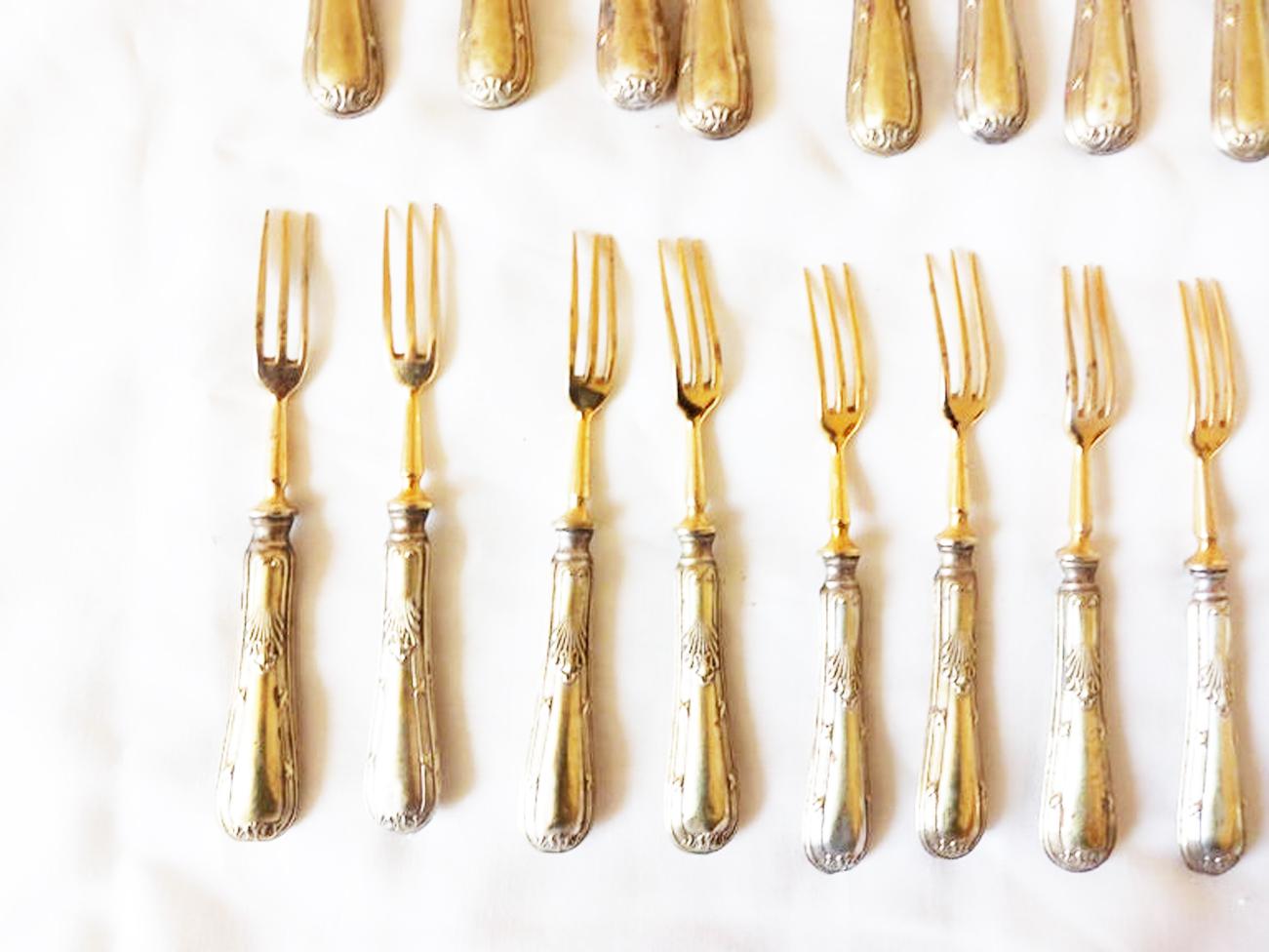 Brass Silver Dessert Serving Pieces, Forks Dessert Knives Early 20th Art Deco For Sale 7