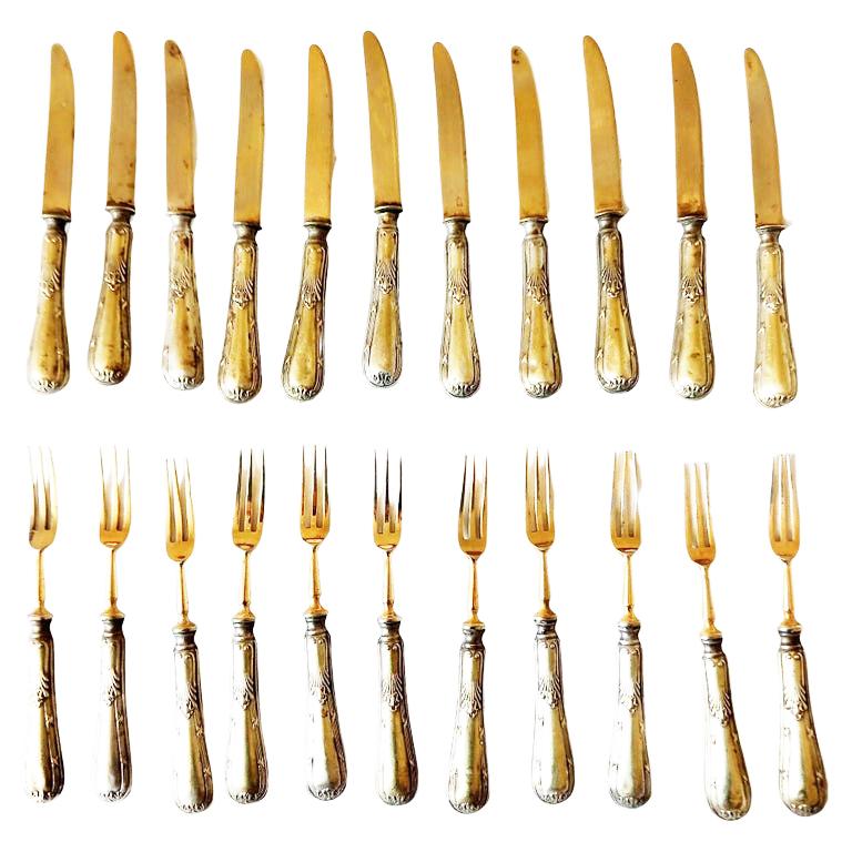 Early 20th Century Brass Silver Dessert Serving Pieces, Forks Dessert Knives Early 20th Art Deco For Sale