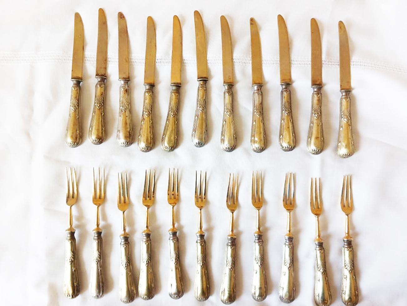 Brass Silver Dessert Serving Pieces, Forks Dessert Knives Early 20th Art Deco For Sale 4