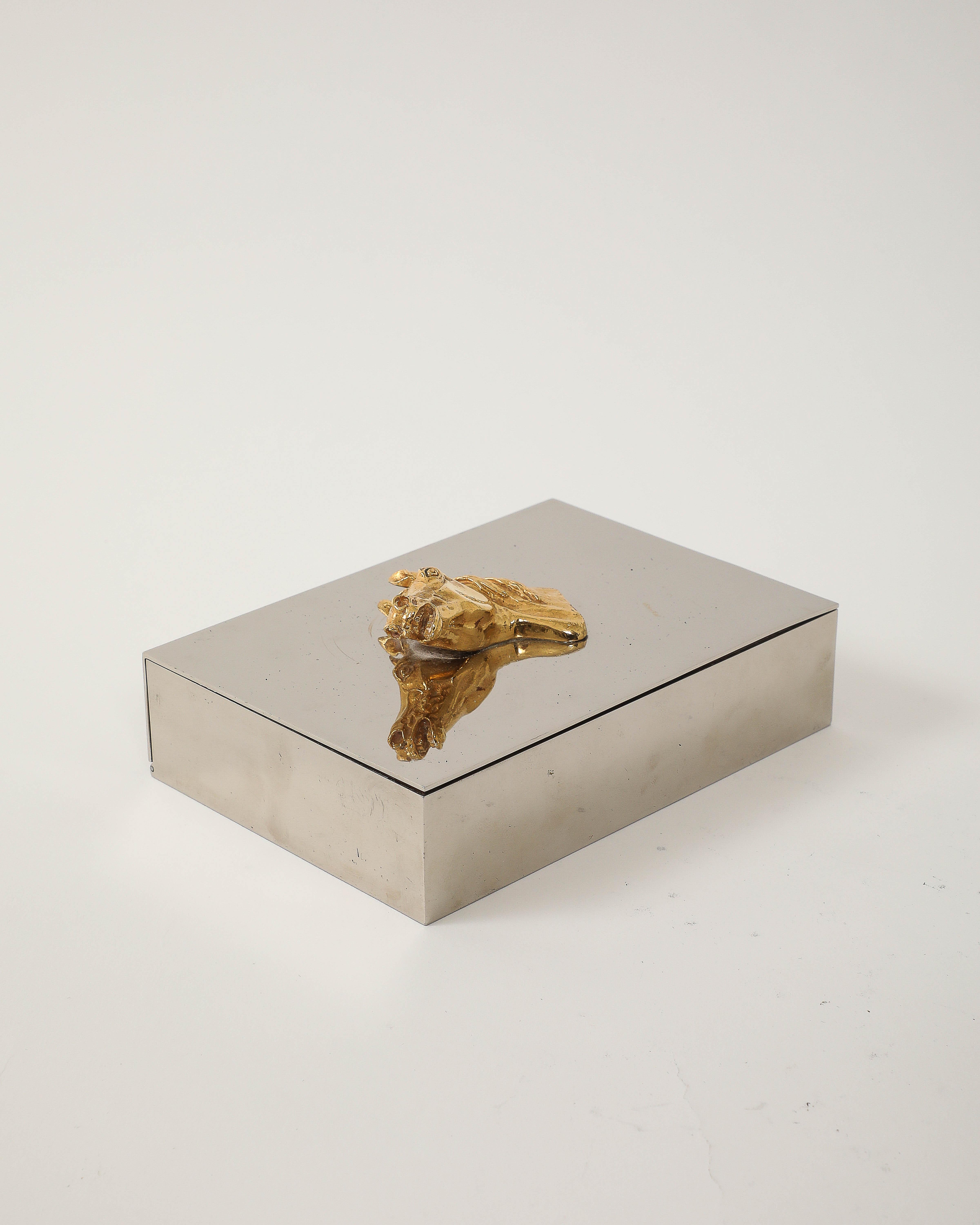 Brass and Silver Plated Box with Horse Decoration by Hermes, France, c. 1955 For Sale 6