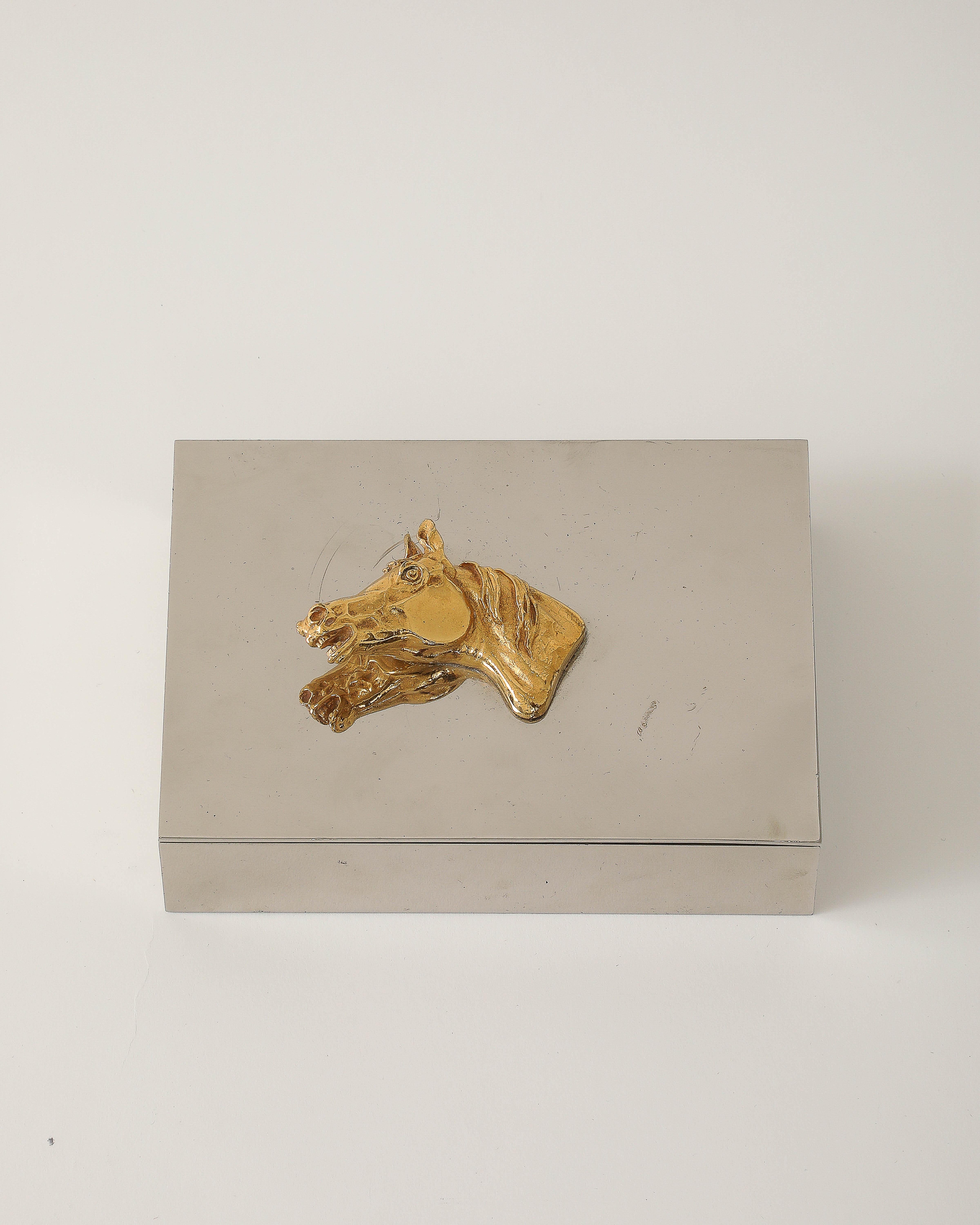 Brass and Silver Plated Box with Horse Decoration by Hermes, France, c. 1955 For Sale 9