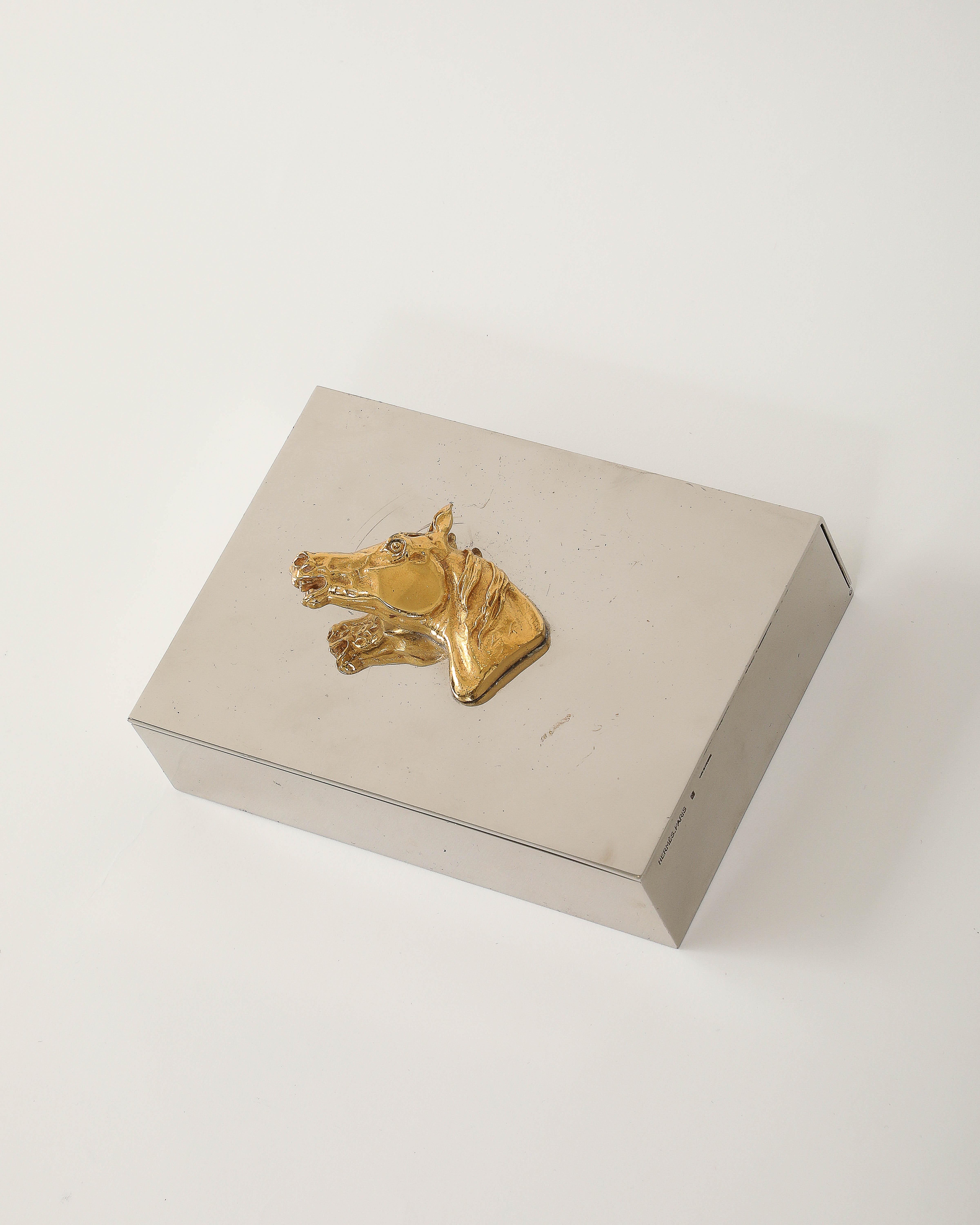 Brass and Silver Plated Box with Horse Decoration by Hermes, France, c. 1955 For Sale 10