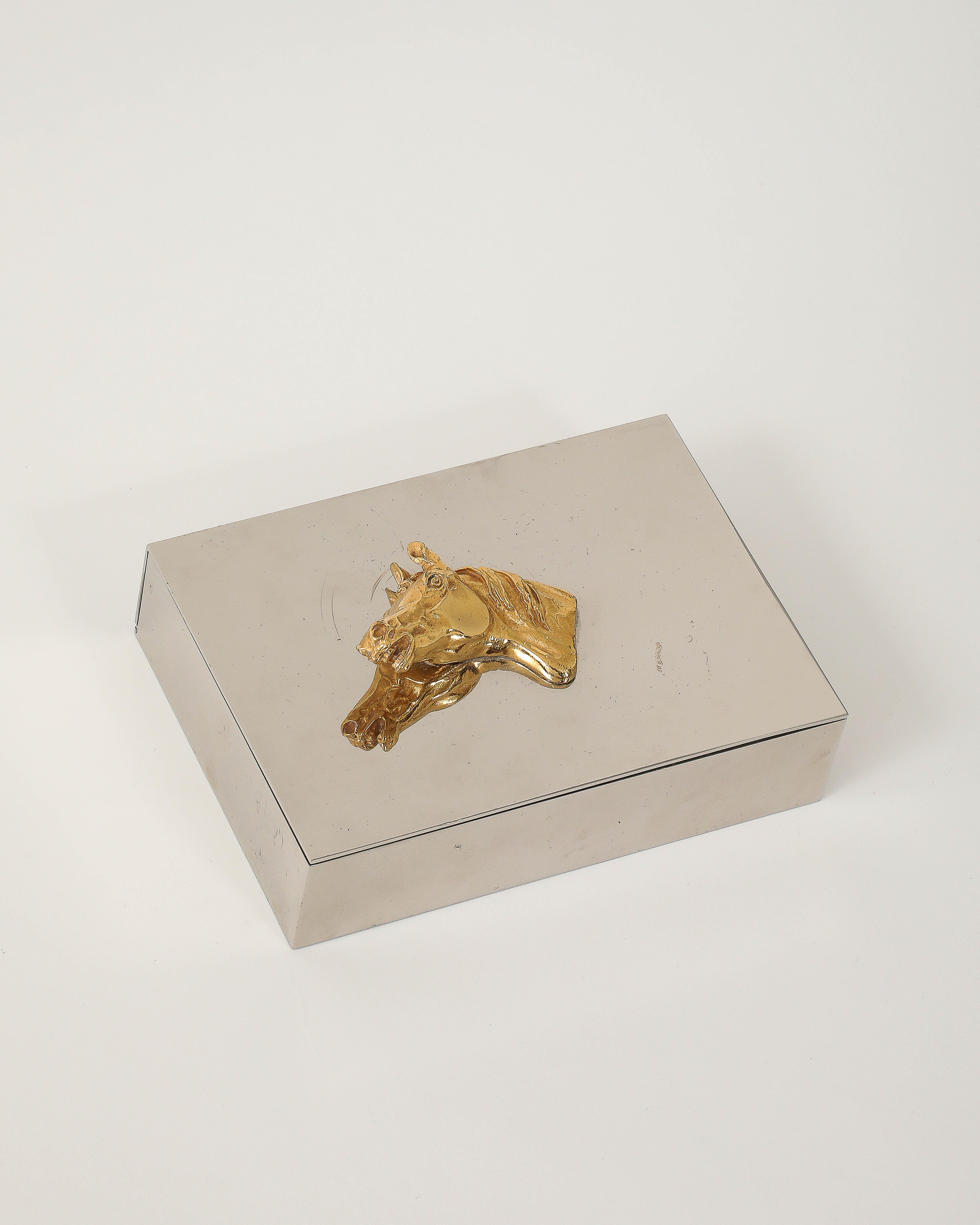 Brass and Silver Plated Box with Horse Decoration by Hermes, France, c. 1955 For Sale 11