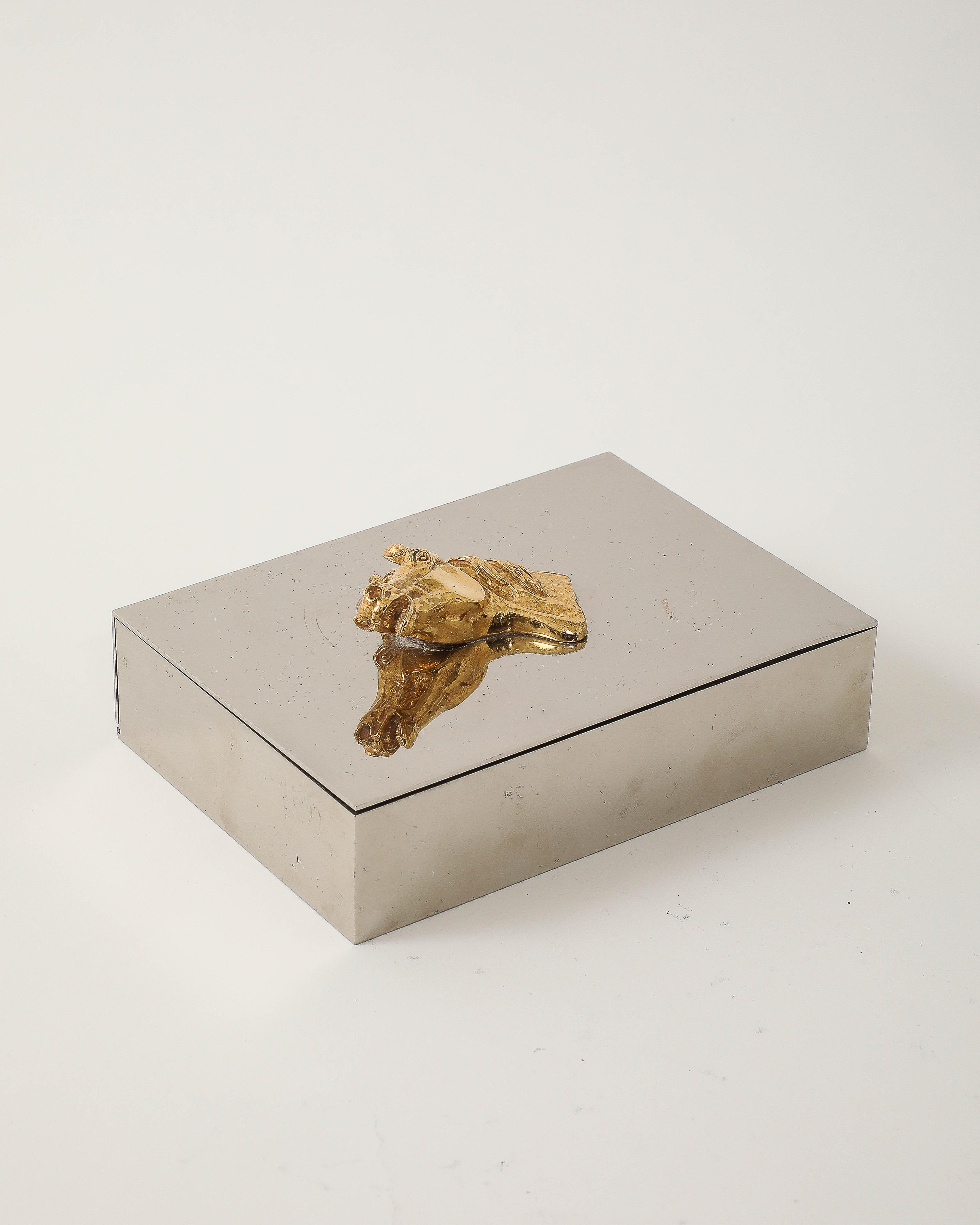 Italian Brass and Silver Plated Box with Horse Decoration by Hermes, France, c. 1955 For Sale