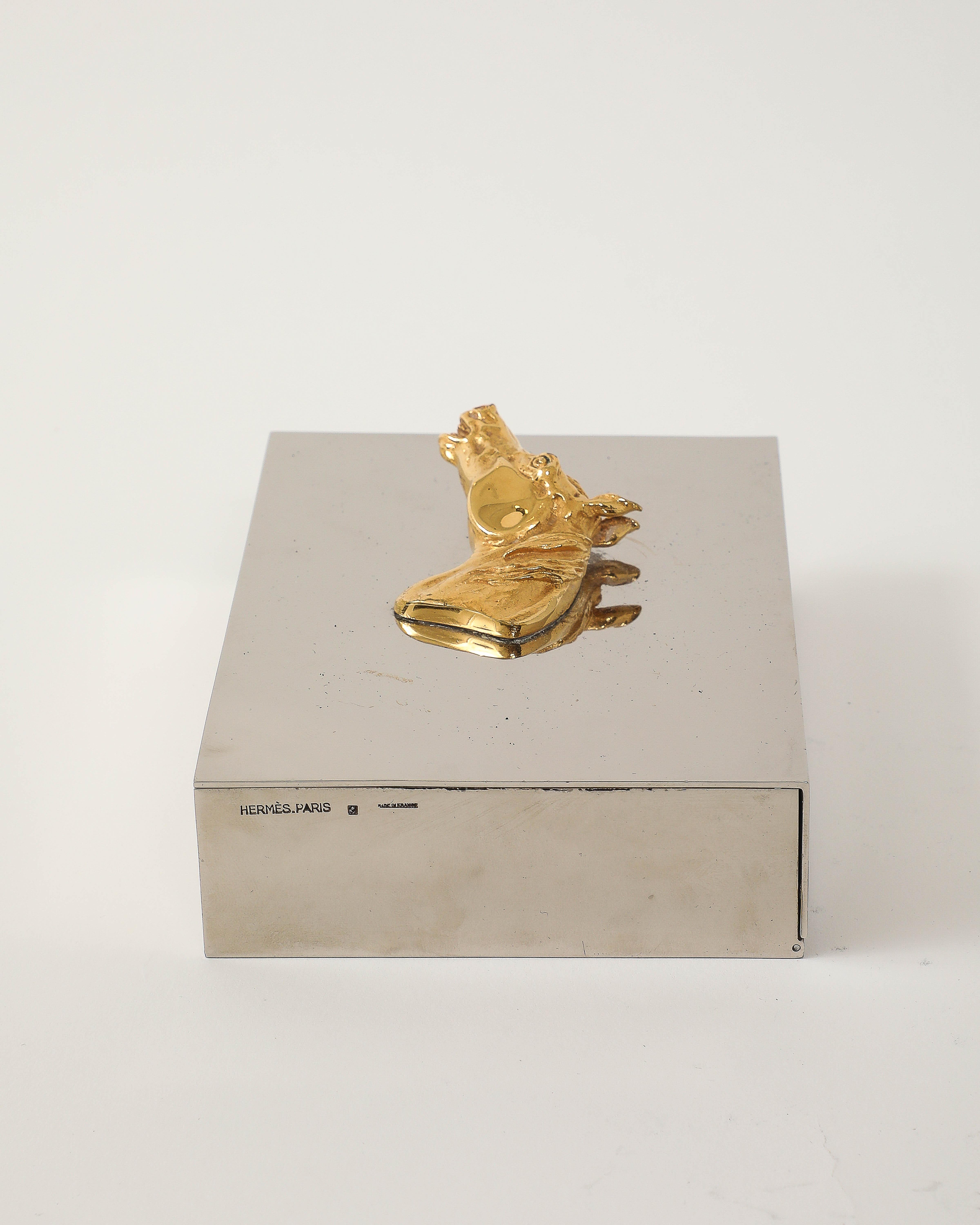 Brass and Silver Plated Box with Horse Decoration by Hermes, France, c. 1955 For Sale 1