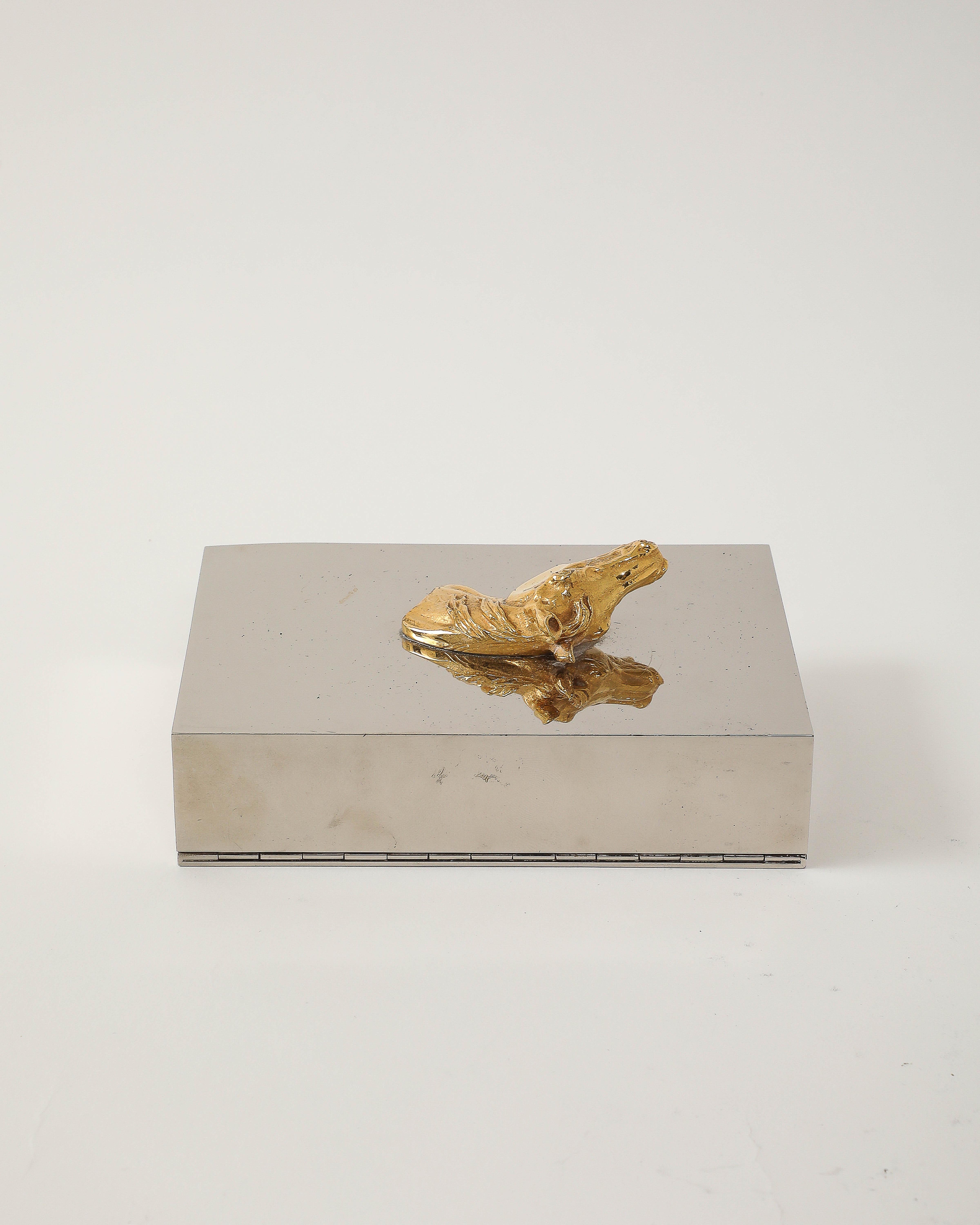 Brass and Silver Plated Box with Horse Decoration by Hermes, France, c. 1955 For Sale 4