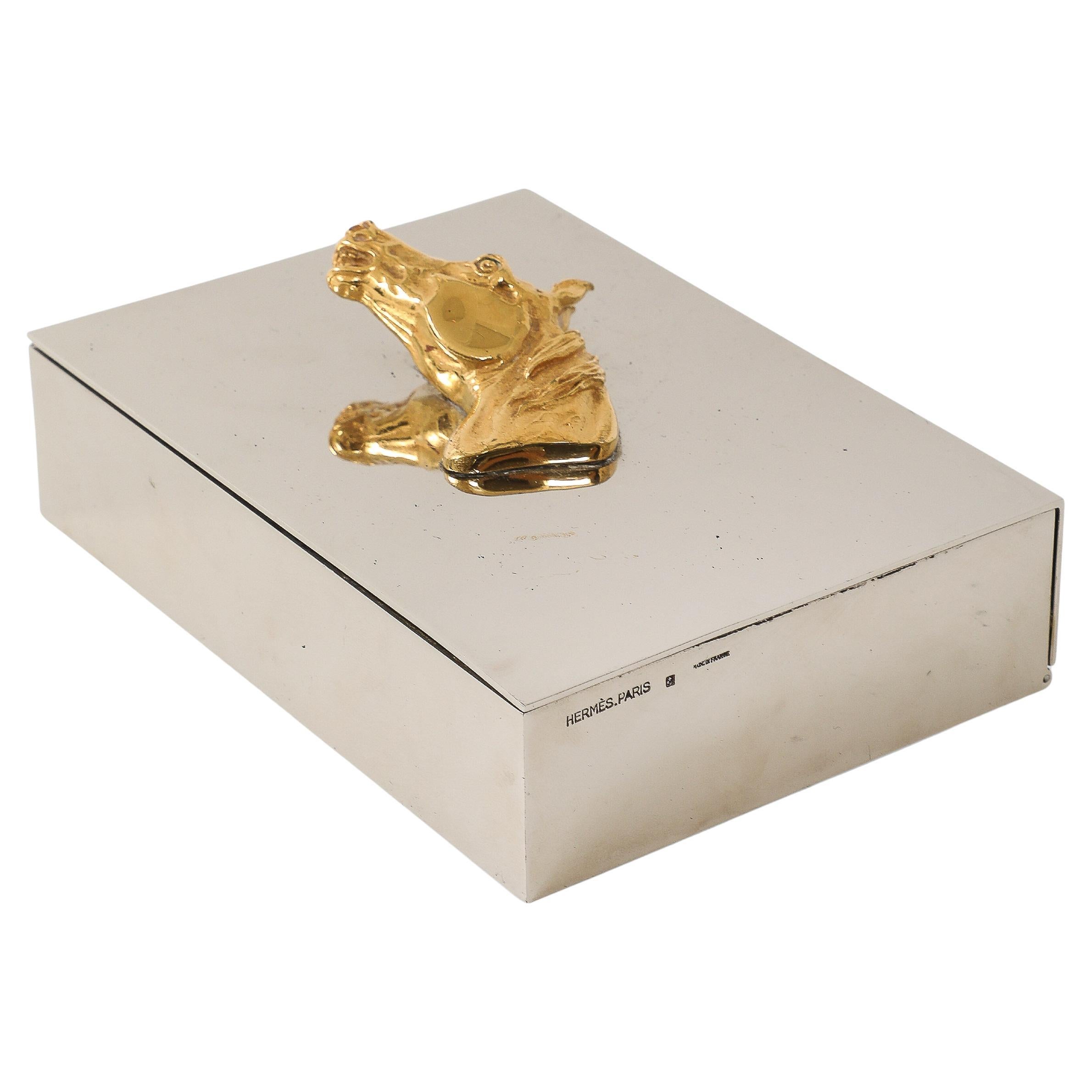 Brass and Silver Plated Box with Horse Decoration by Hermes, France, c. 1955