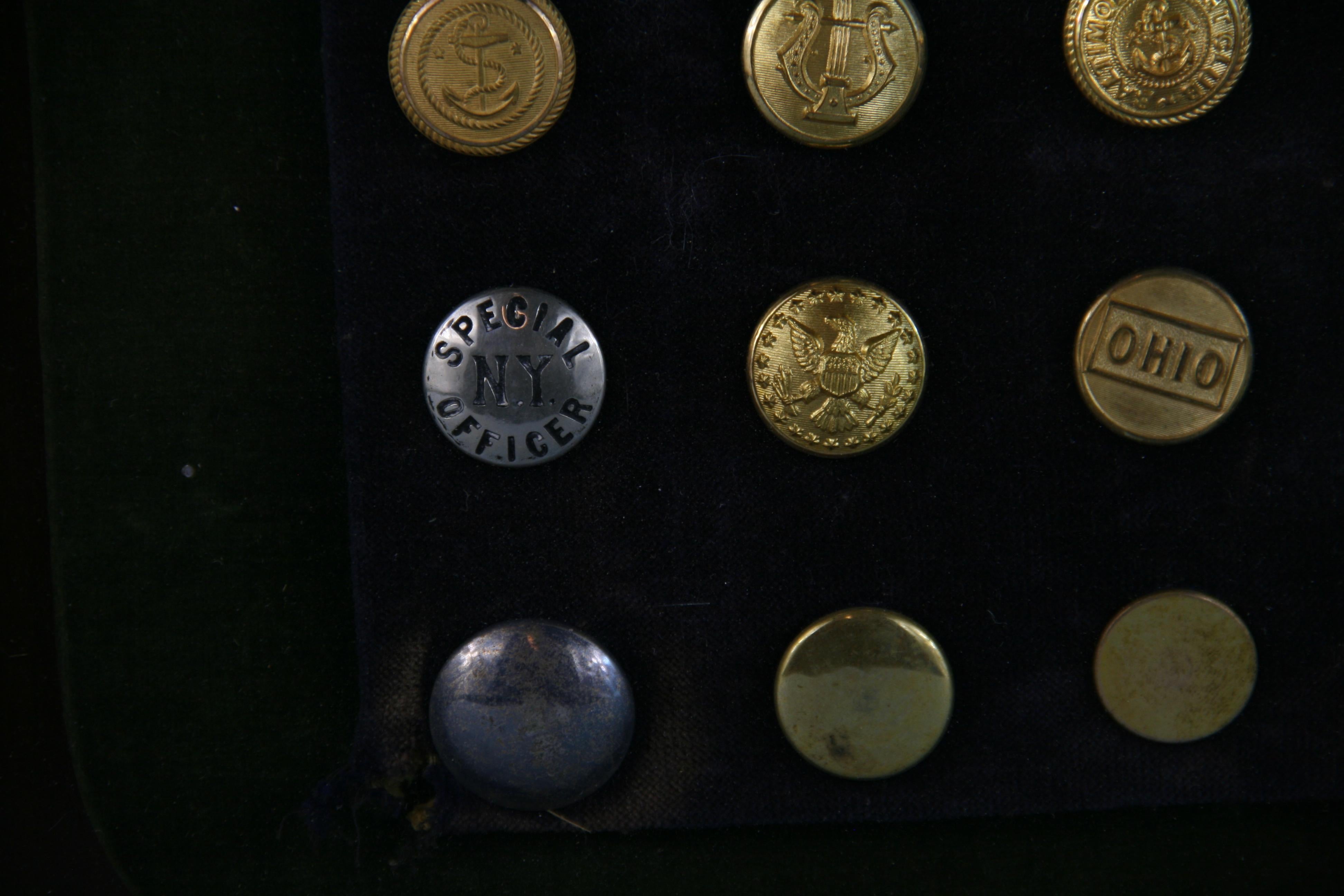 Brass and Silver Vintage Button Collection in Custom Wood Case For Sale 6
