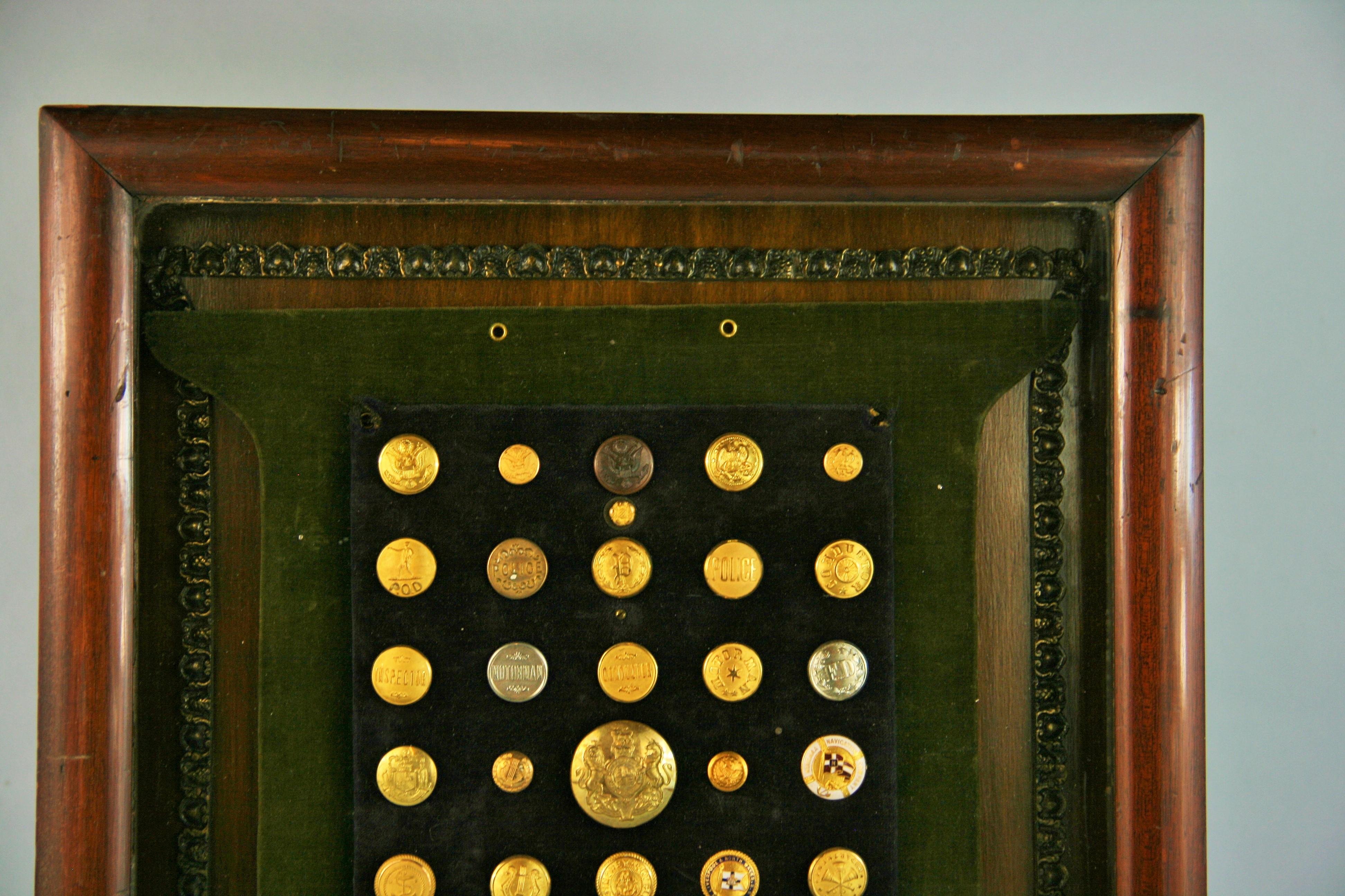 Brass and Silver Vintage Button Collection in Custom Wood Case In Good Condition For Sale In Douglas Manor, NY