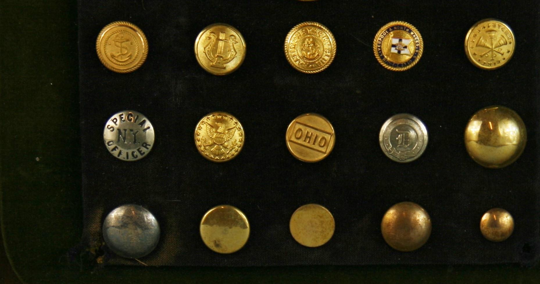 Mid-20th Century Brass and Silver Vintage Button Collection in Custom Wood Case For Sale