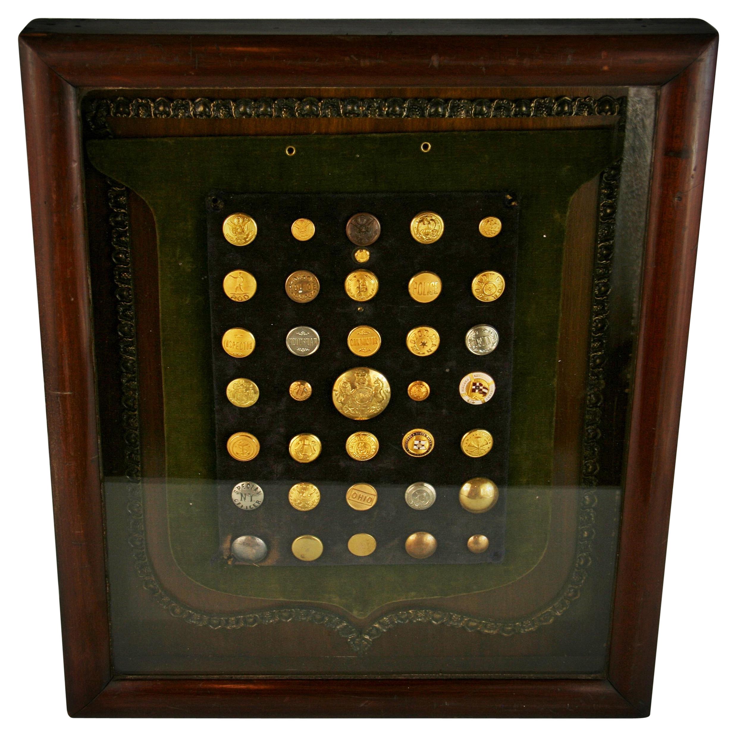 Brass and Silver Vintage Button Collection in Custom Wood Case For Sale
