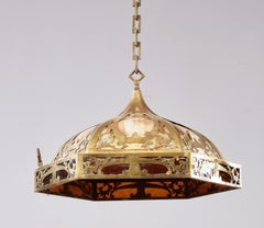 Brass and Slag Glass Arts and Crafts Pendant Fixture