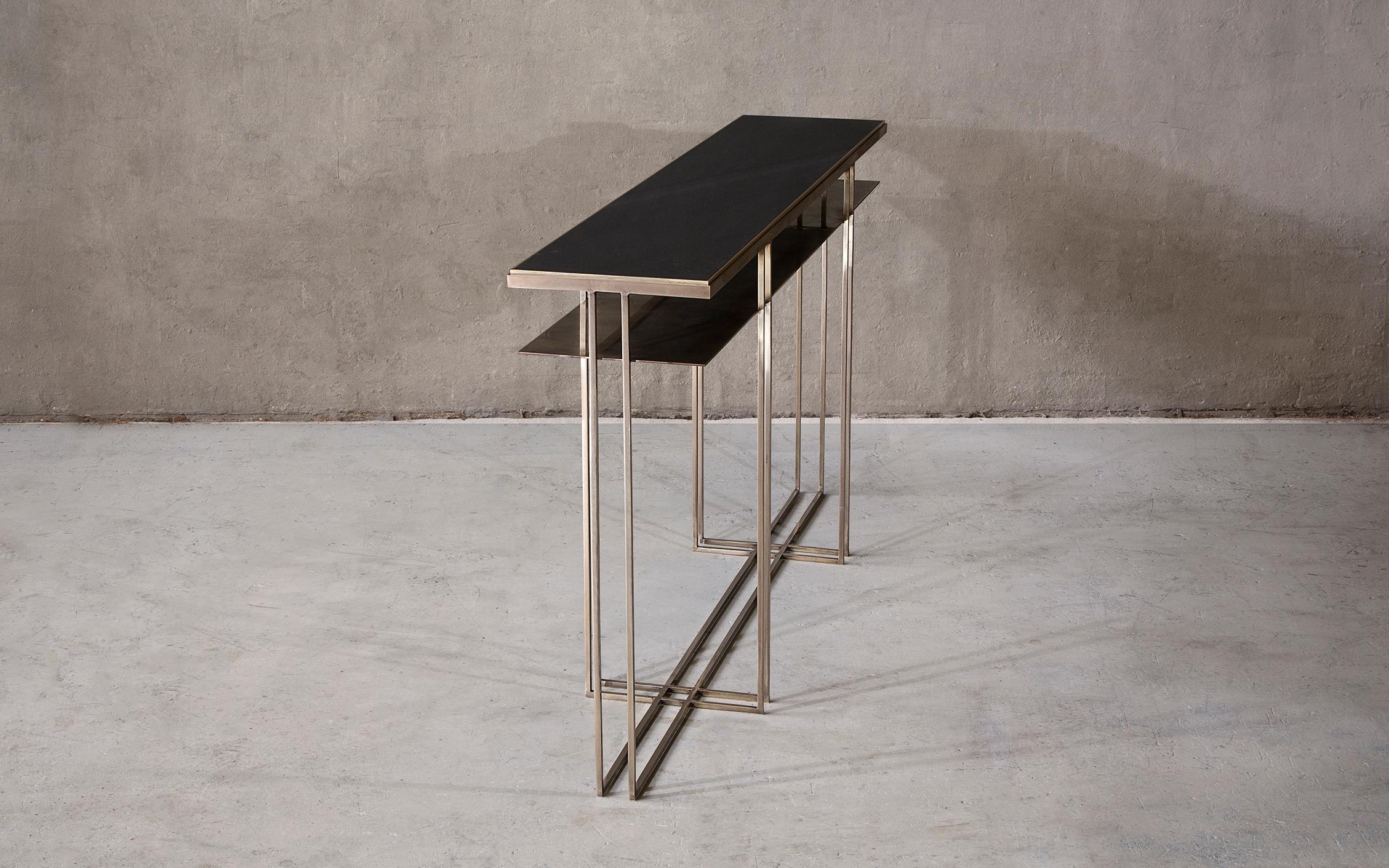 Brass and slate handcrafted console signed by Novocastrian
A console table in polished brass and honed Cumbrian slate. Handcrafted to order in the North East England. Custom sizes and finishes are available.
Measures: 150cm (length) x 30cm (width)