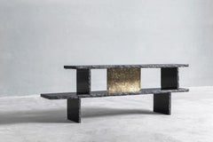Horizontal Black Slate Console with Gold Brass Center Back by Frederic Saulou