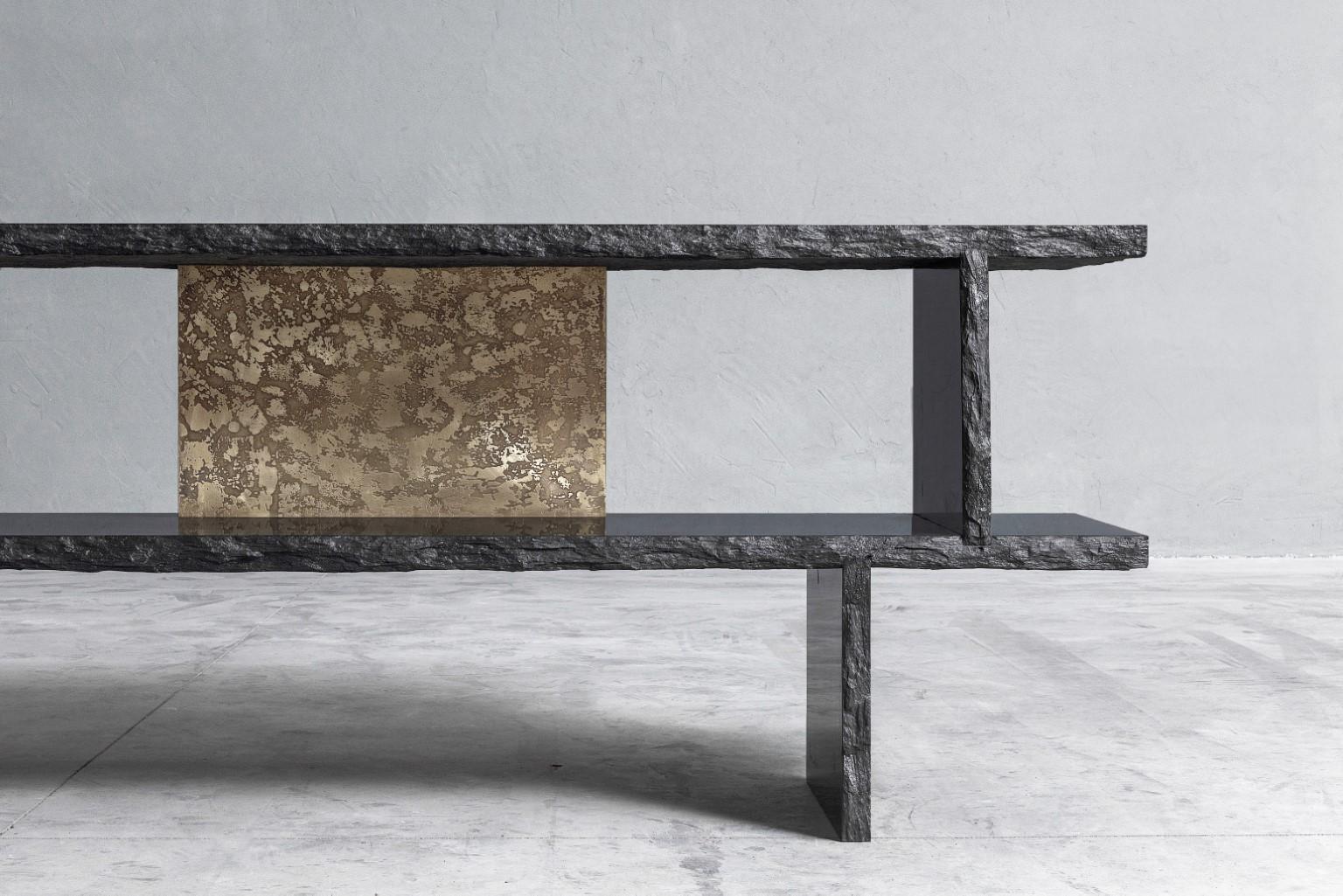 Brass and Slate Sculpted Buffet by Frederic Saulou In New Condition For Sale In Geneve, CH