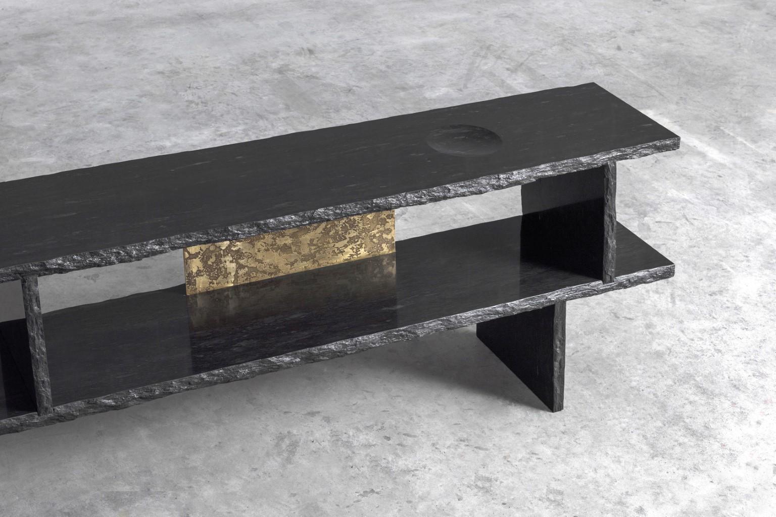 Brass and Slate Sculpted Buffet by Frederic Saulou For Sale 1