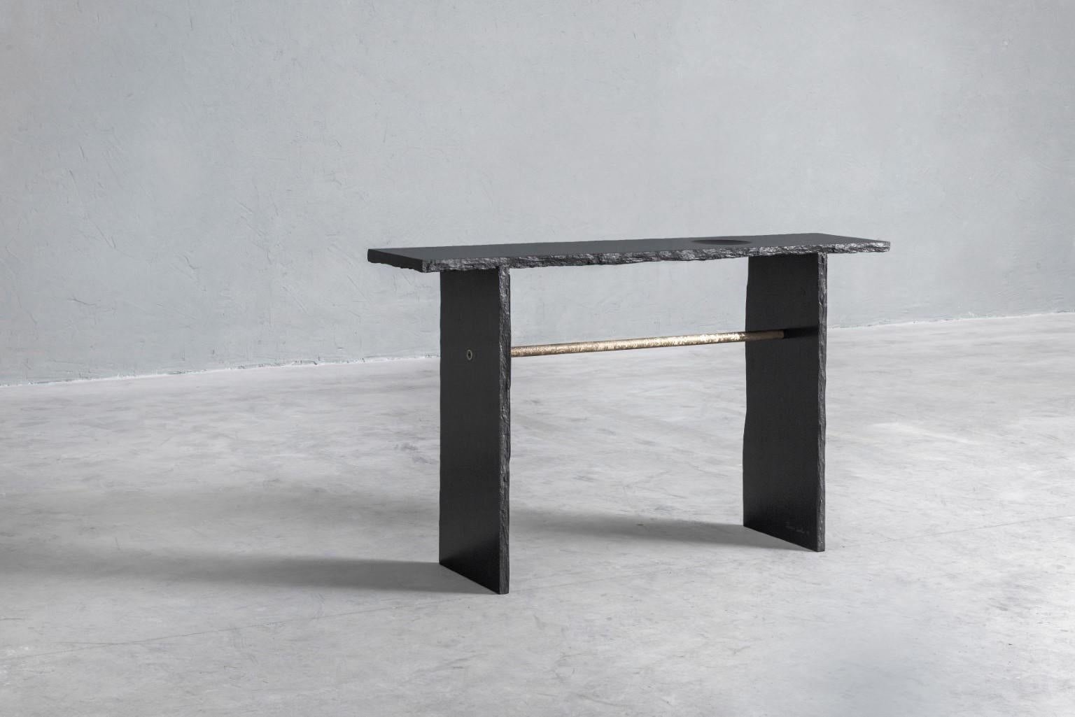 Unique Gold Brass and Rough Black Slate Sculpted Console by Frederic Saulou For Sale 4