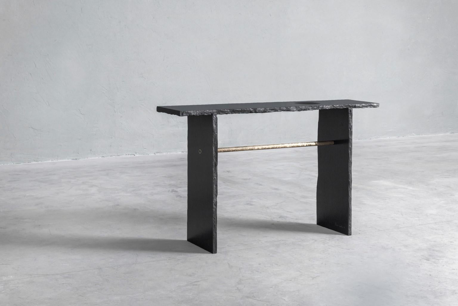 Brass and Slate Sculpted Console by Frederic Saulou In New Condition In Geneve, CH