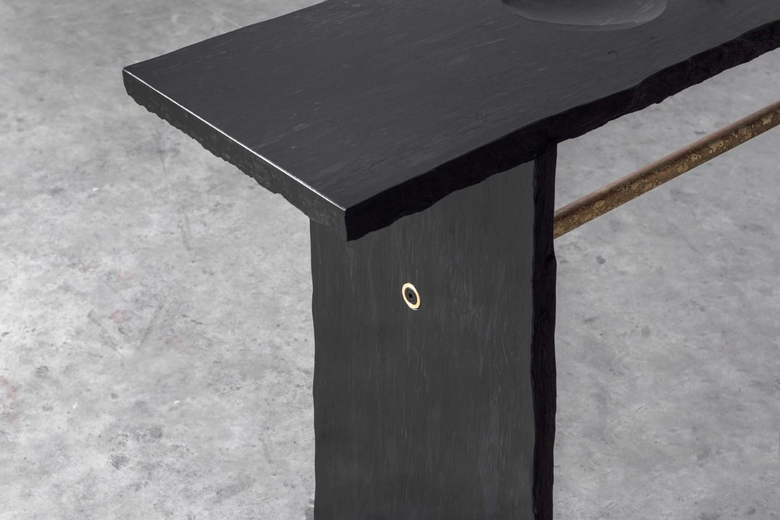 Contemporary Brass and Slate Sculpted Console by Frederic Saulou