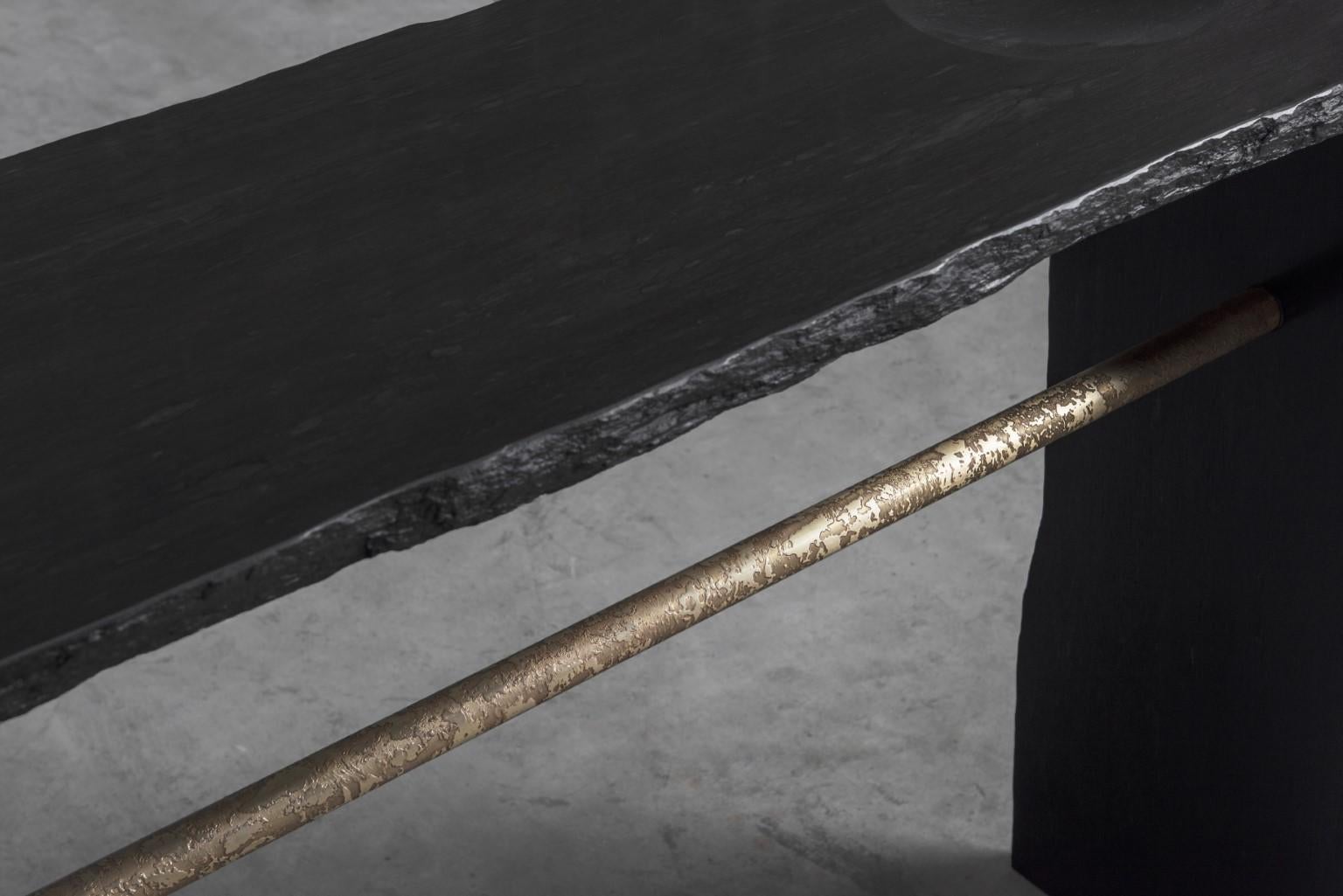 Unique Gold Brass and Rough Black Slate Sculpted Console by Frederic Saulou For Sale 3