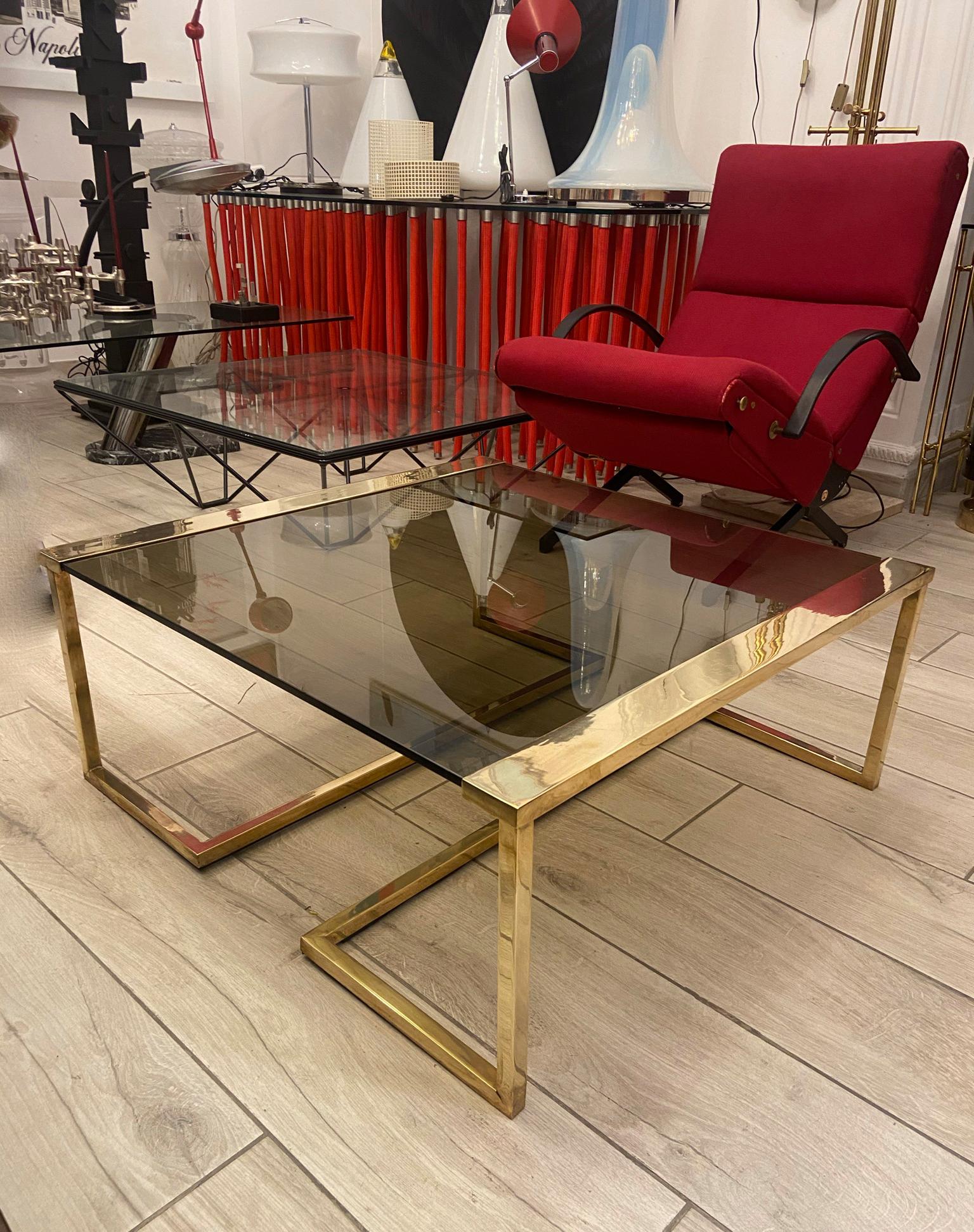 Mid-Century Modern Romeo Rega Style Brass and Smocked Glass Square Coffee Table, Italy 1970s