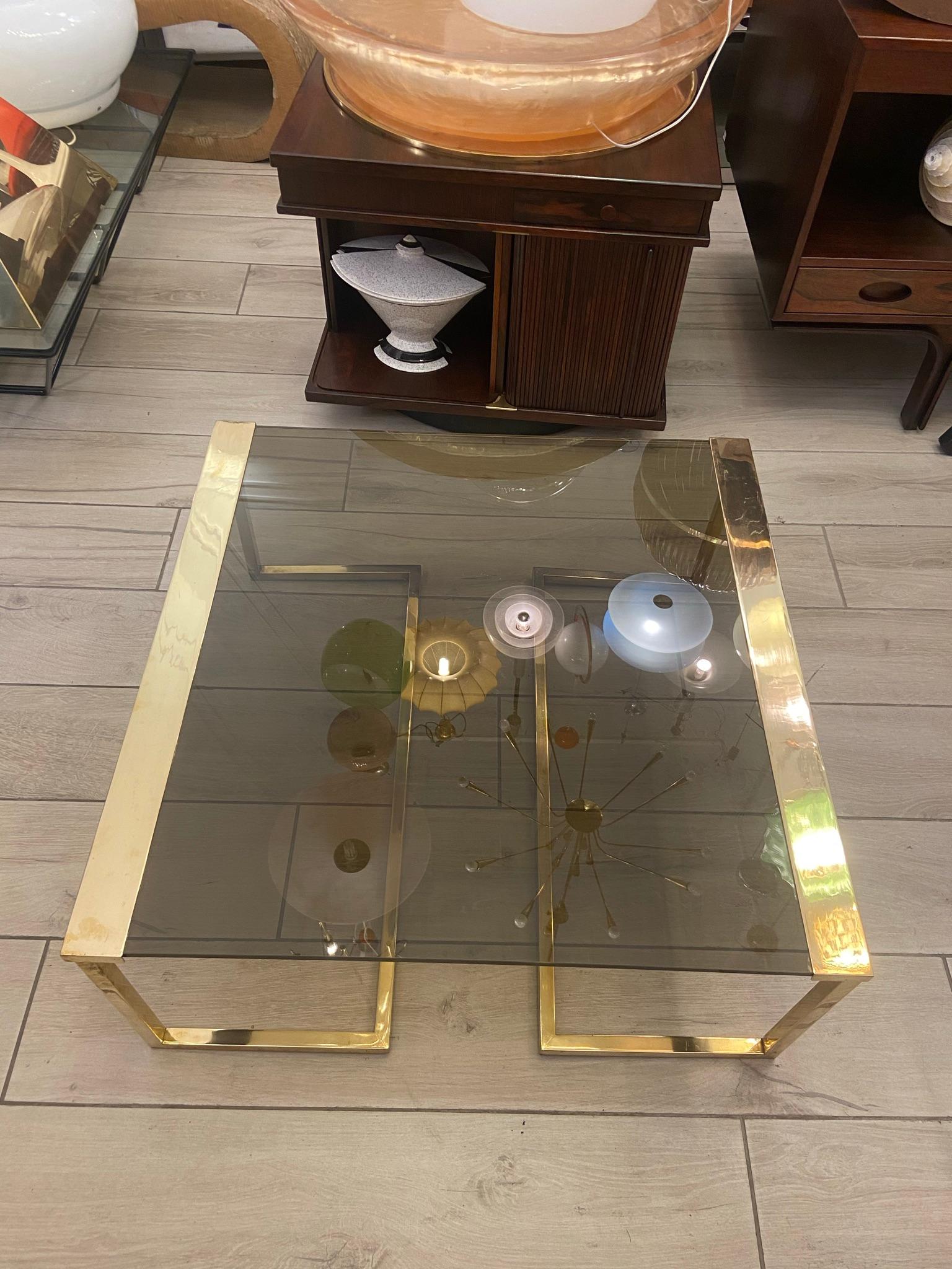 Romeo Rega Style Brass and Smocked Glass Square Coffee Table, Italy 1970s In Good Condition In Naples, IT