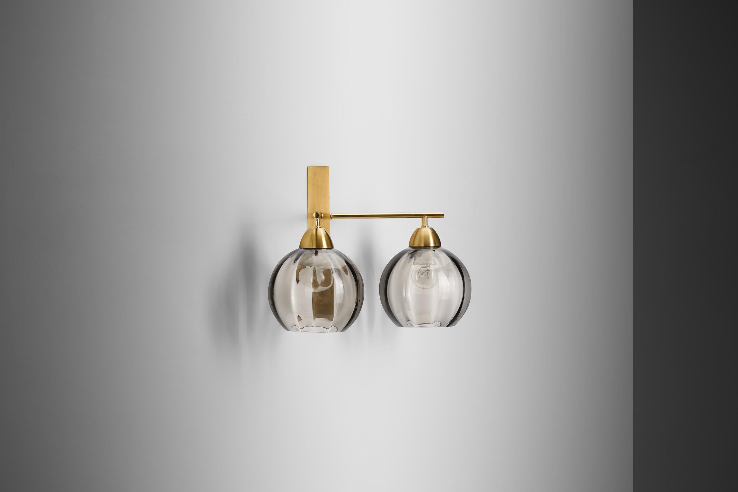 Mid-Century Modern Brass and Smoke Glass Wall Light by Holger Johansson, Sweden 20th Century For Sale