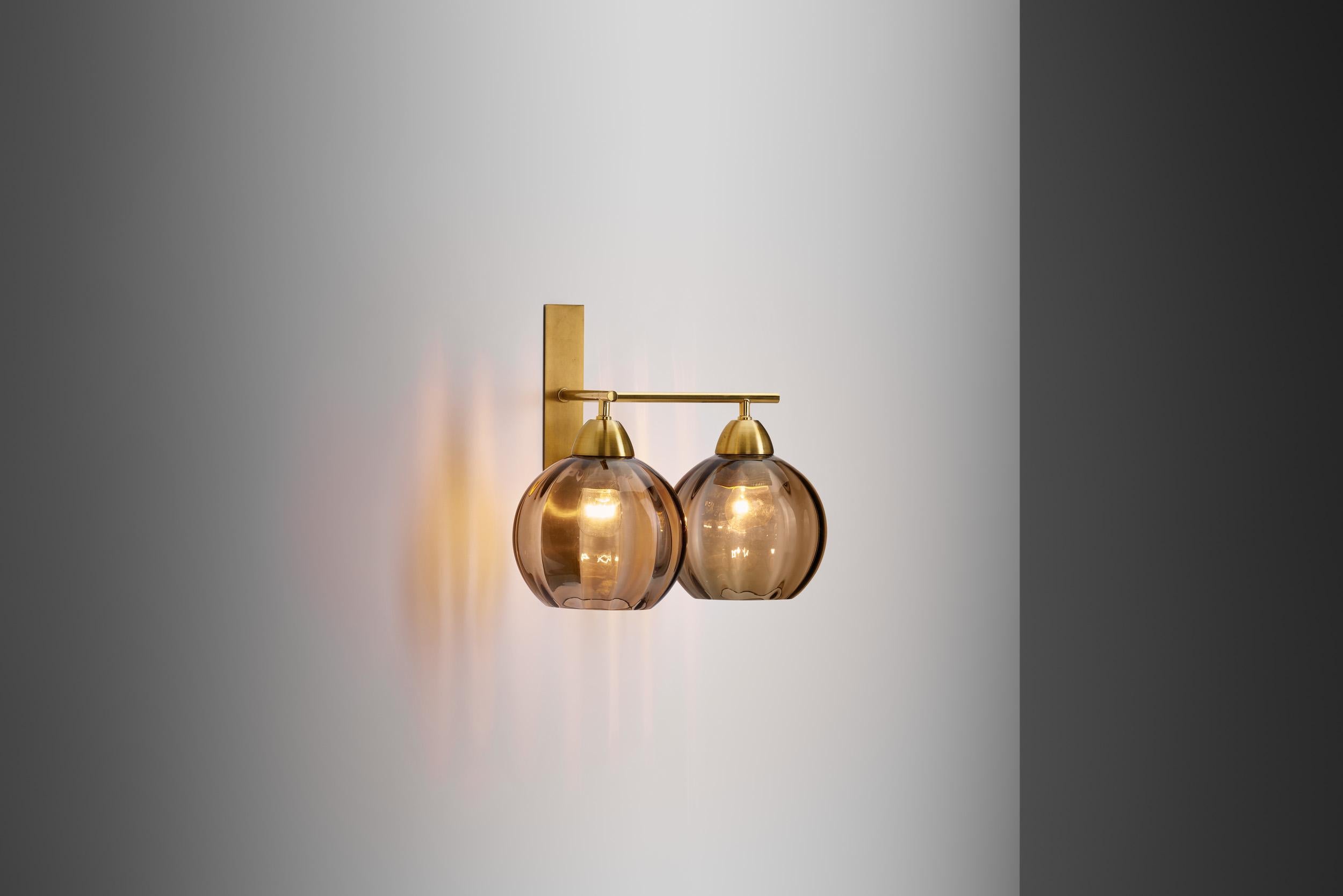 Swedish Brass and Smoke Glass Wall Light by Holger Johansson, Sweden 20th Century For Sale