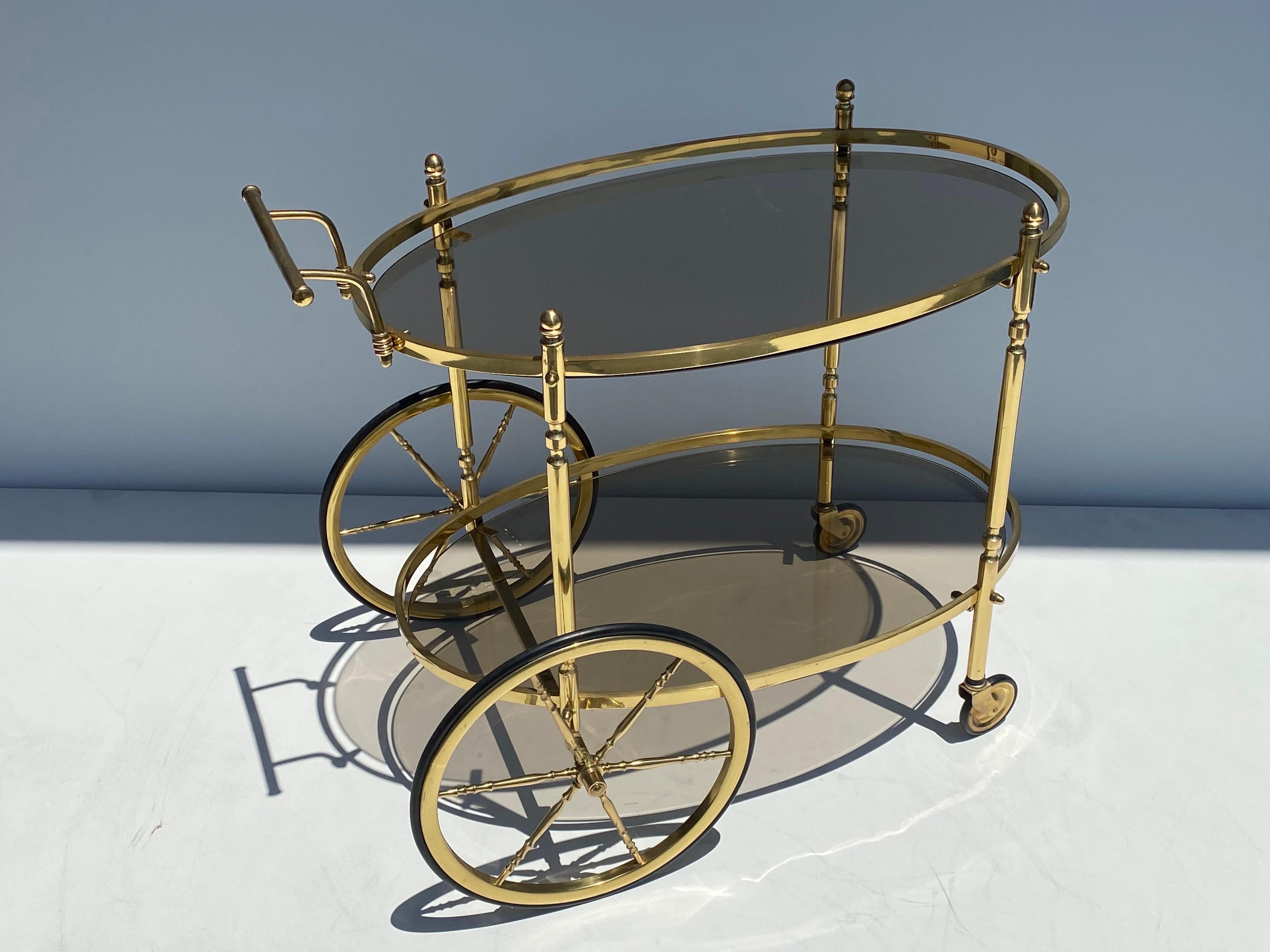 Hollywood Regency Brass and Smoked Glass Bar Cart