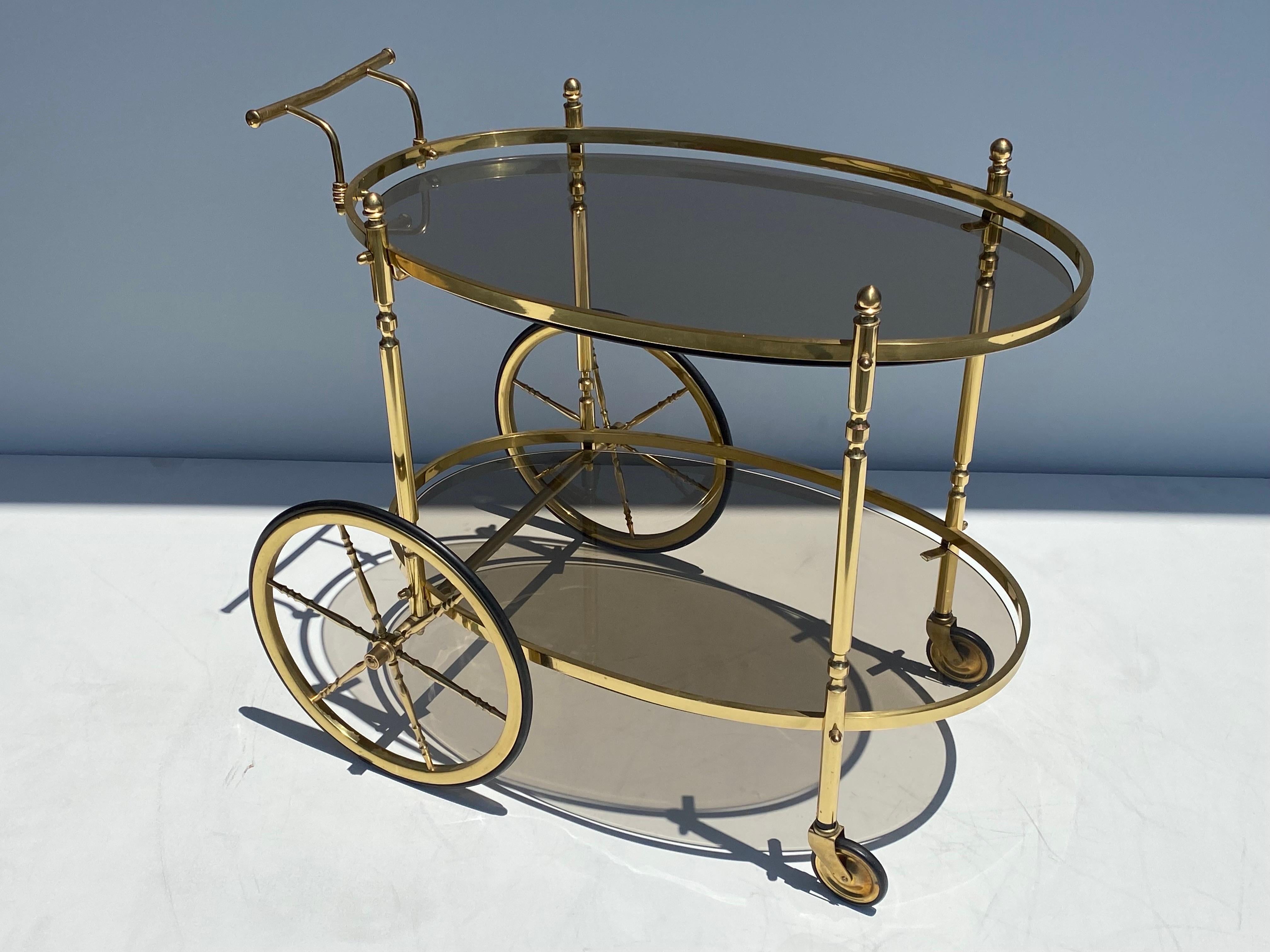 Brass and Smoked Glass Bar Cart In Good Condition In North Hollywood, CA