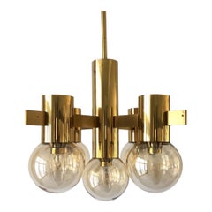 Brass and Smoked Glass Chandelier attr. H. Agne Jacobsson, 1960s, Sweden