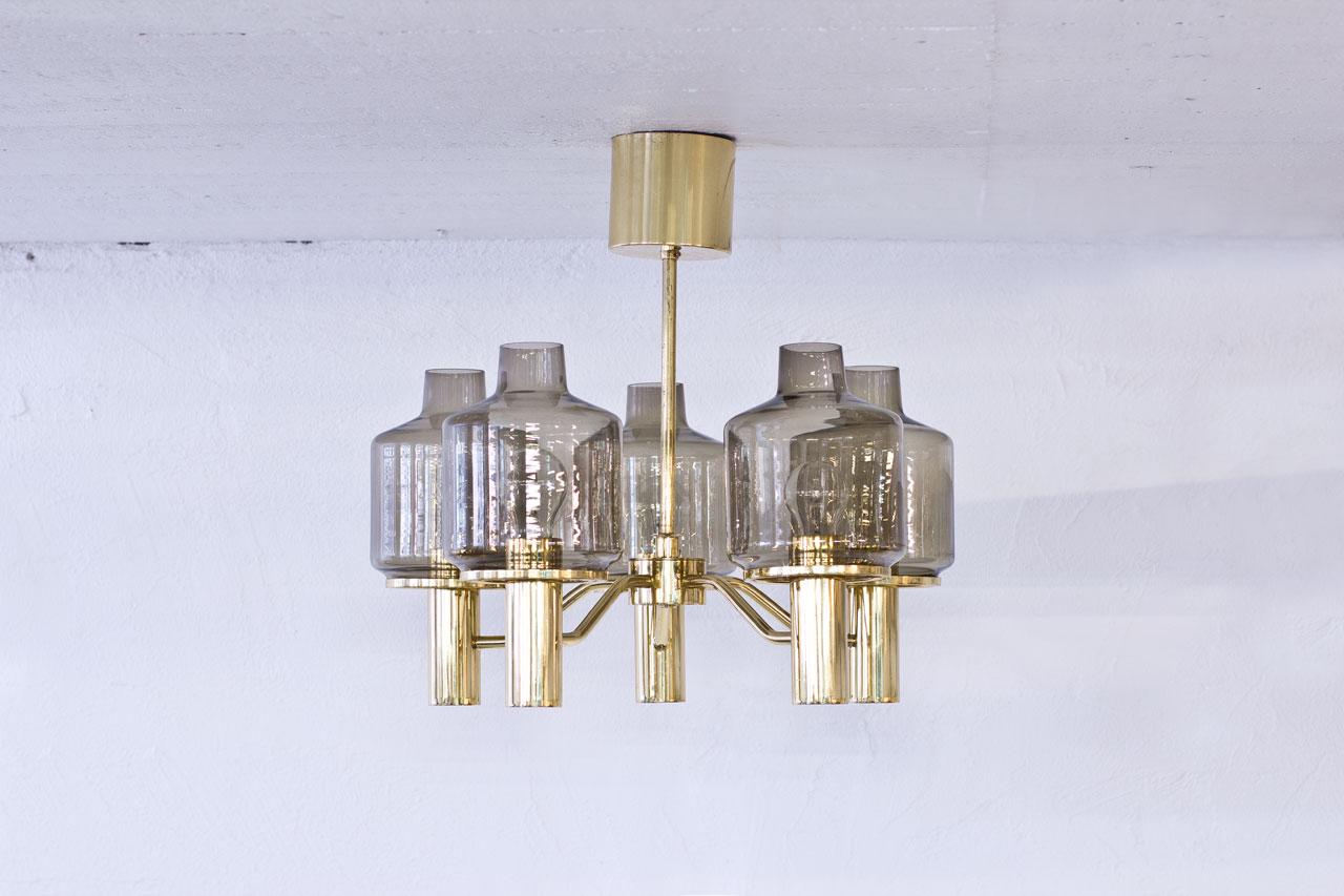 Brass and Smoked Glass Chandelier by Hans-Agne Jakobsson, 1960s In Good Condition In Stockholm, SE