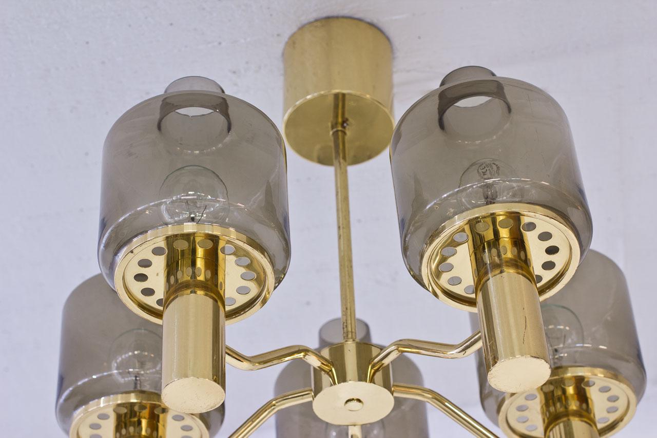 Brass and Smoked Glass Chandelier by Hans-Agne Jakobsson, 1960s 2