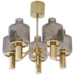 Brass and Smoked Glass Chandelier by Hans-Agne Jakobsson, 1960s