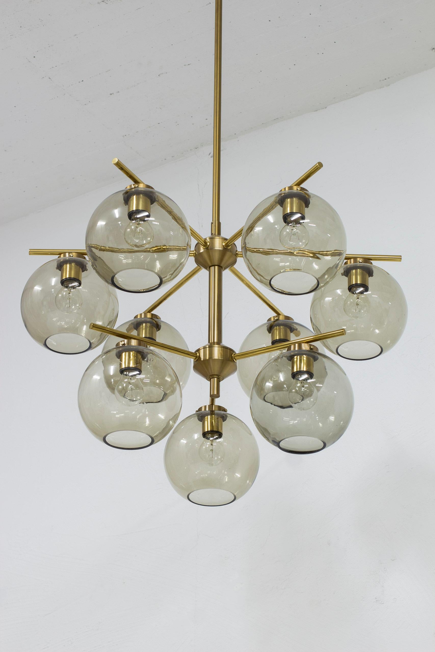 Brass and smoked glass chandeliers by Holger Johansson, Sweden, 1960s 5
