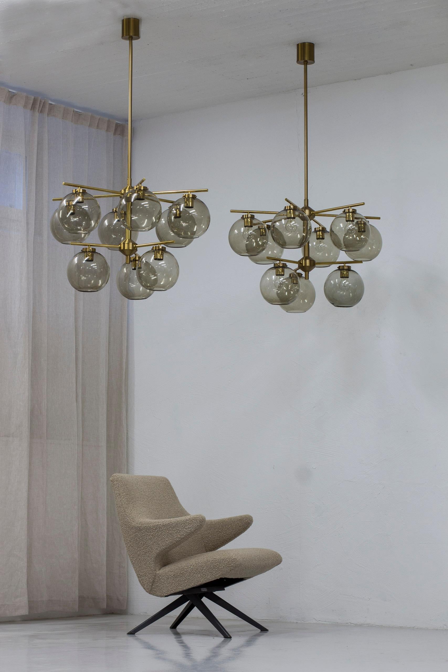 Swedish Brass and smoked glass chandeliers by Holger Johansson, Sweden, 1960s