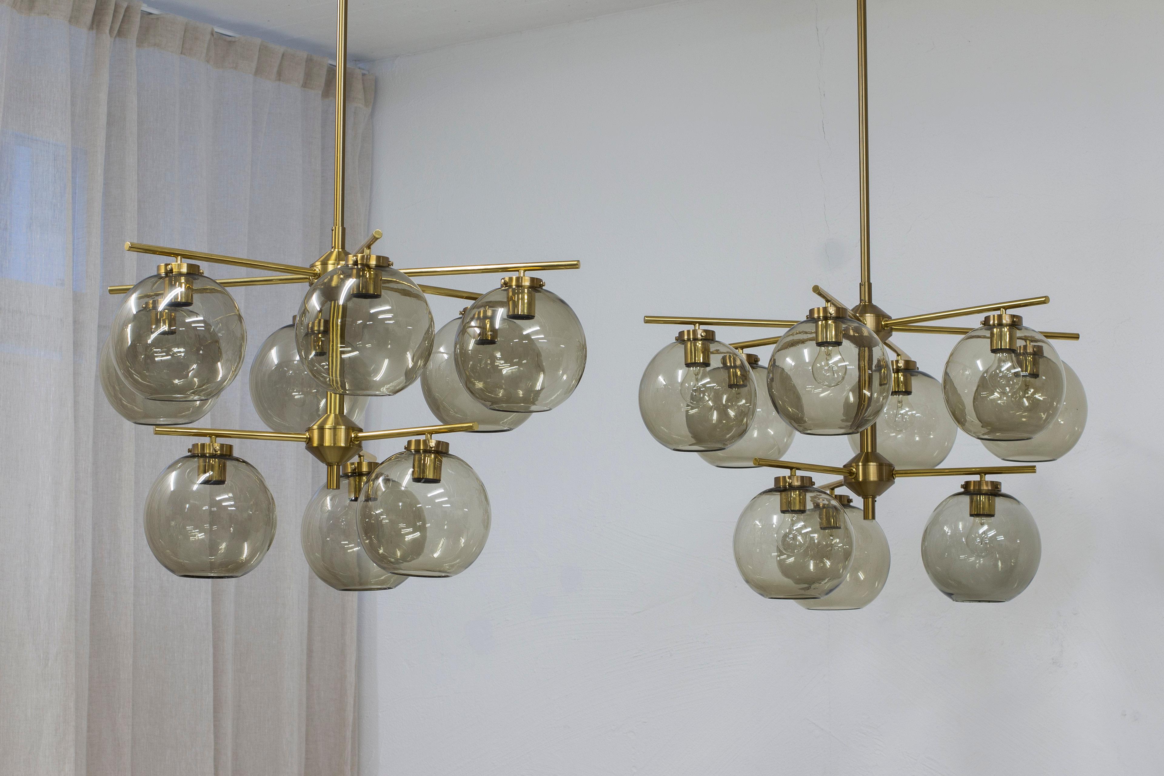 Brass and smoked glass chandeliers by Holger Johansson, Sweden, 1960s In Good Condition In Hägersten, SE