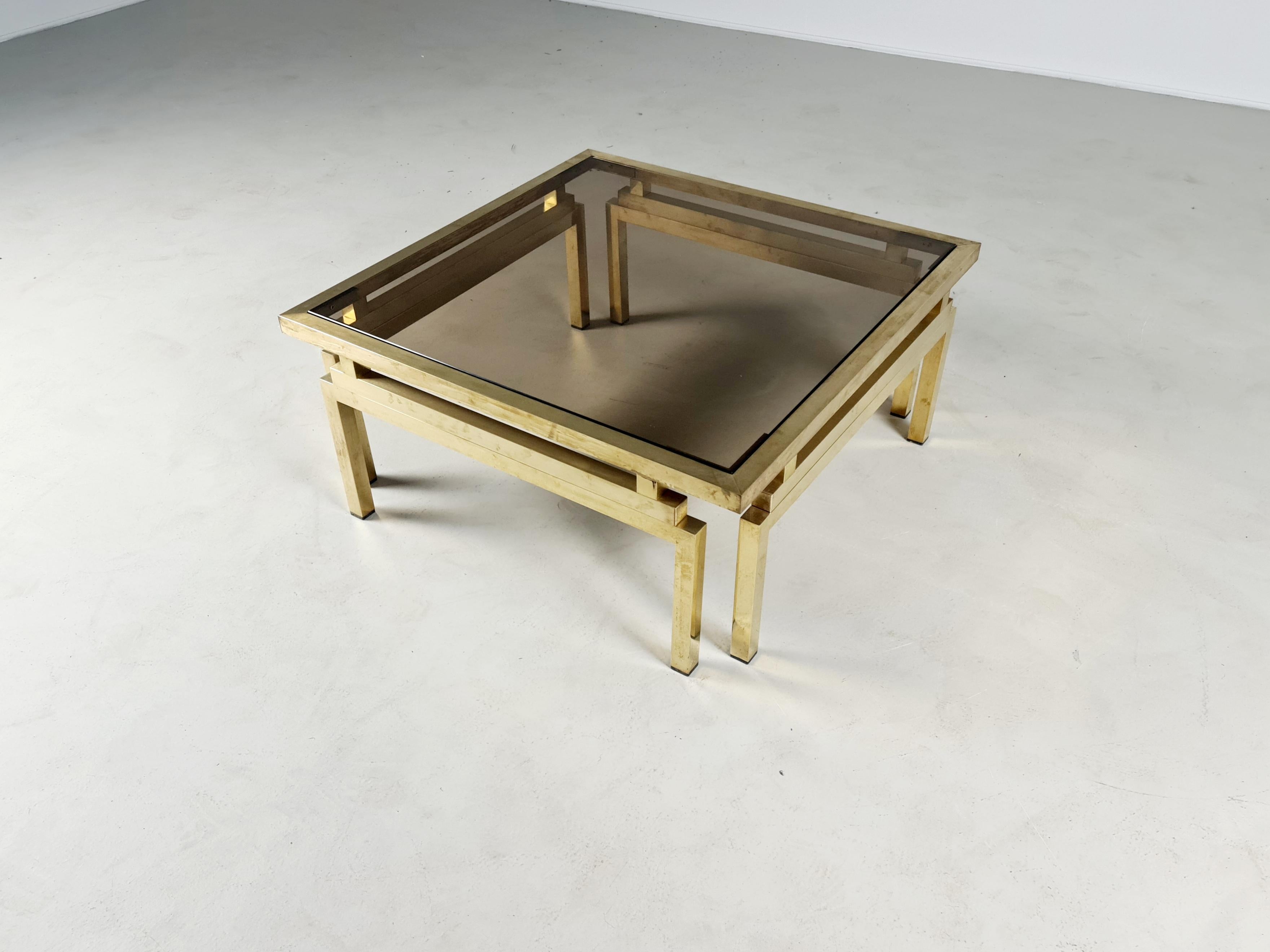 Hollywood Regency Brass and Smoked Glass Coffee Table by Romeo Rega, 1970s For Sale