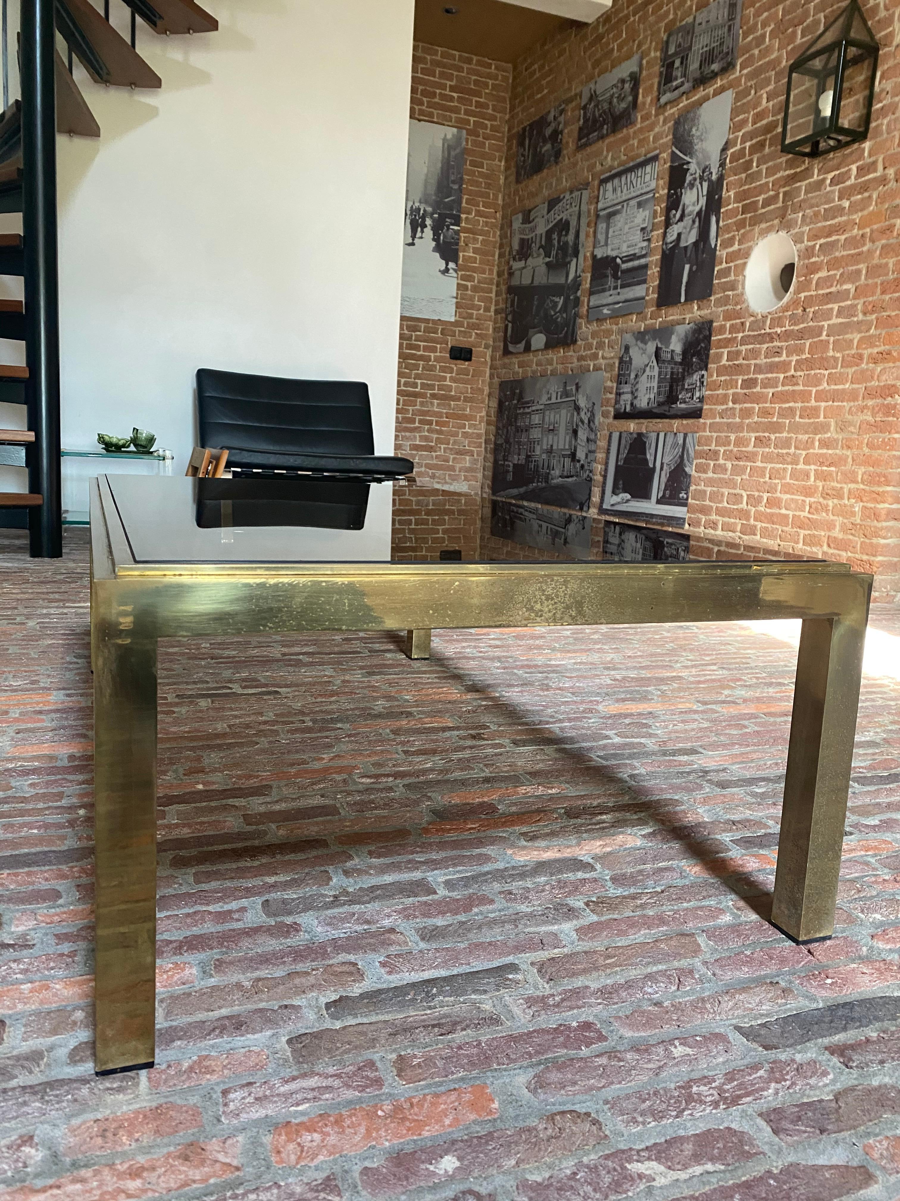 Brass and Smoked Glass Coffee Table Attributed to Willy Rizzo for Maison Charles For Sale 3