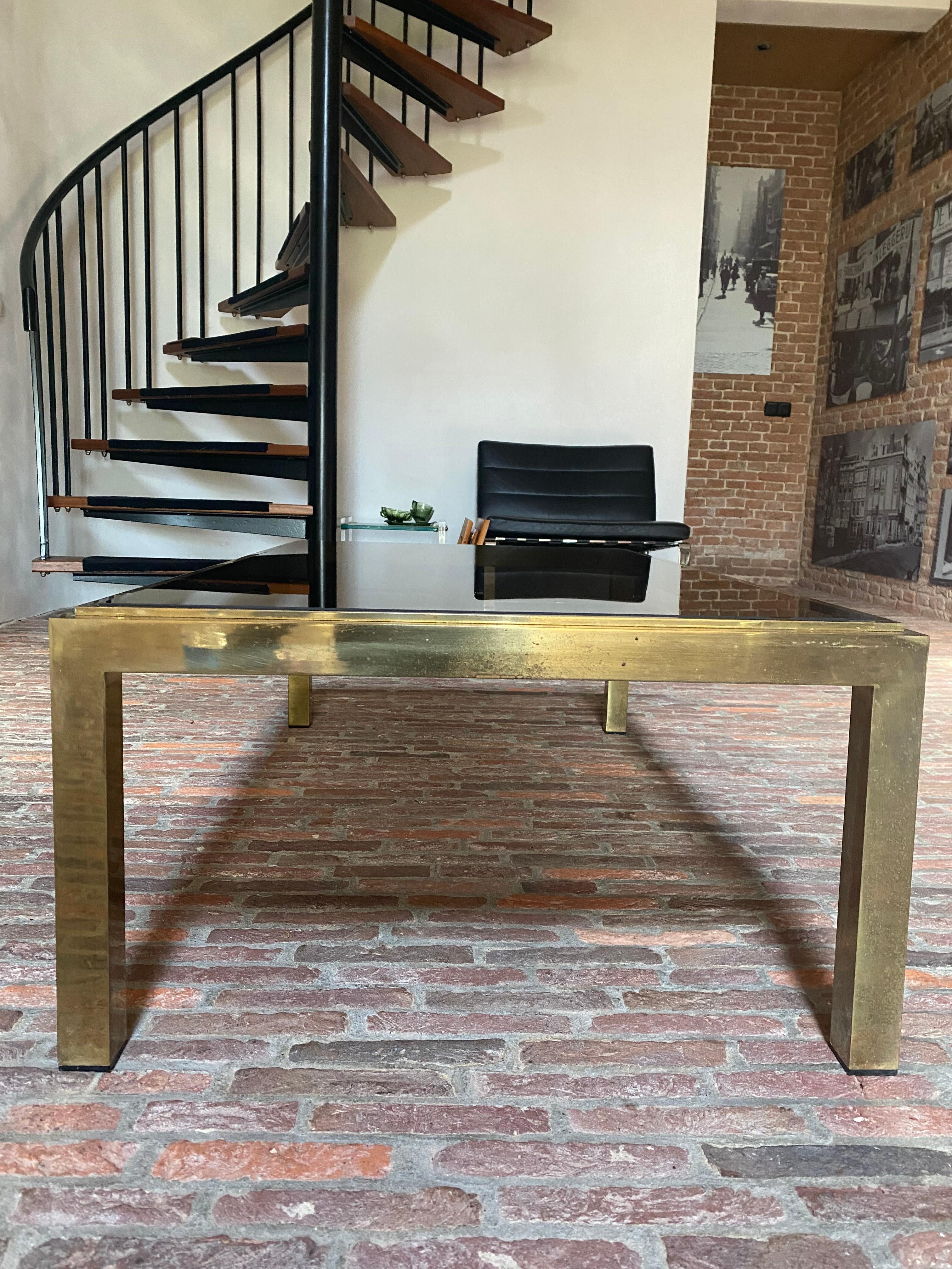 Brass and Smoked Glass Coffee Table Attributed to Willy Rizzo for Maison Charles For Sale 4